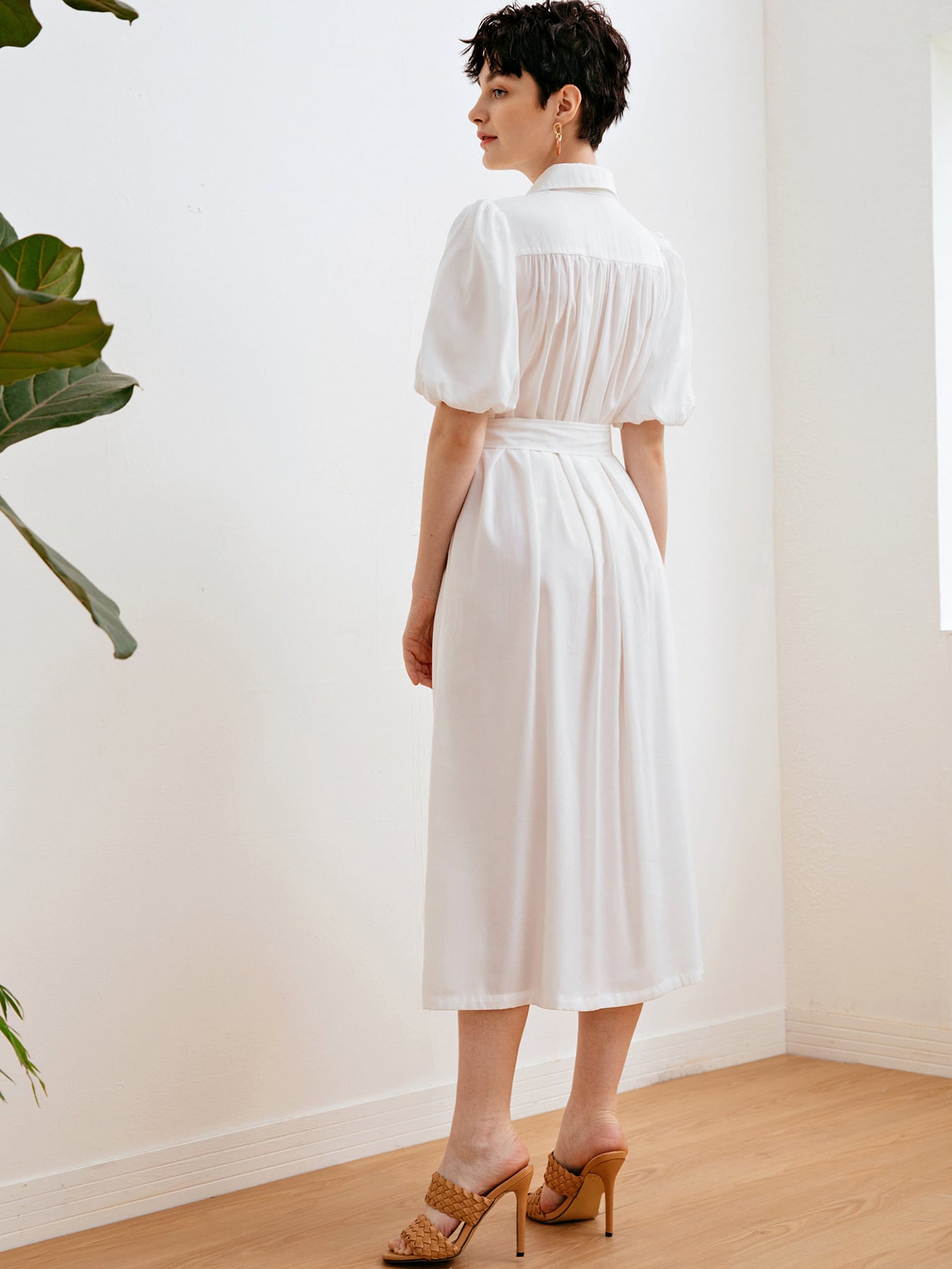 Puff Sleeve Single Breasted Front Buckle Belted Dress