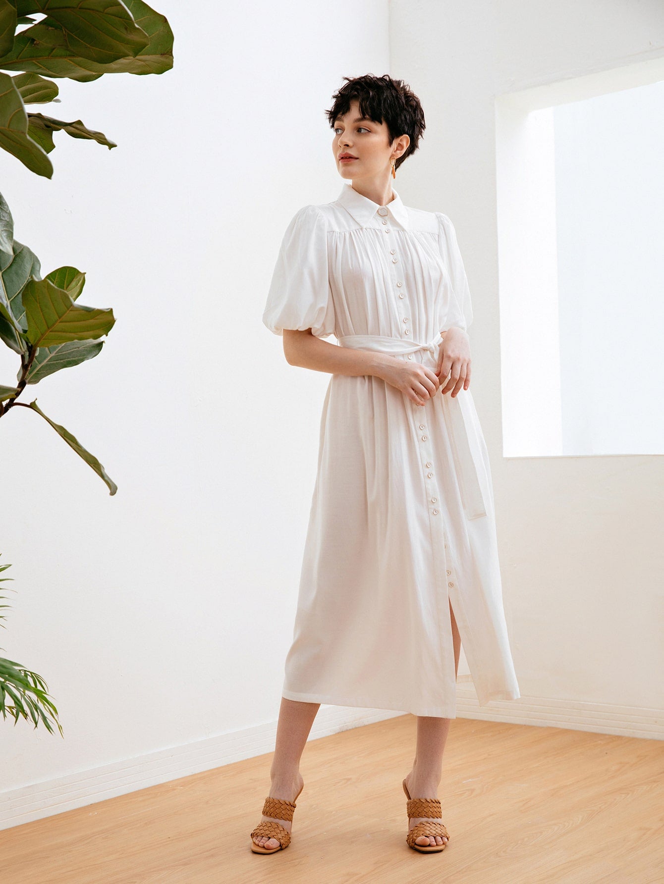 Puff Sleeve Single Breasted Front Buckle Belted Dress