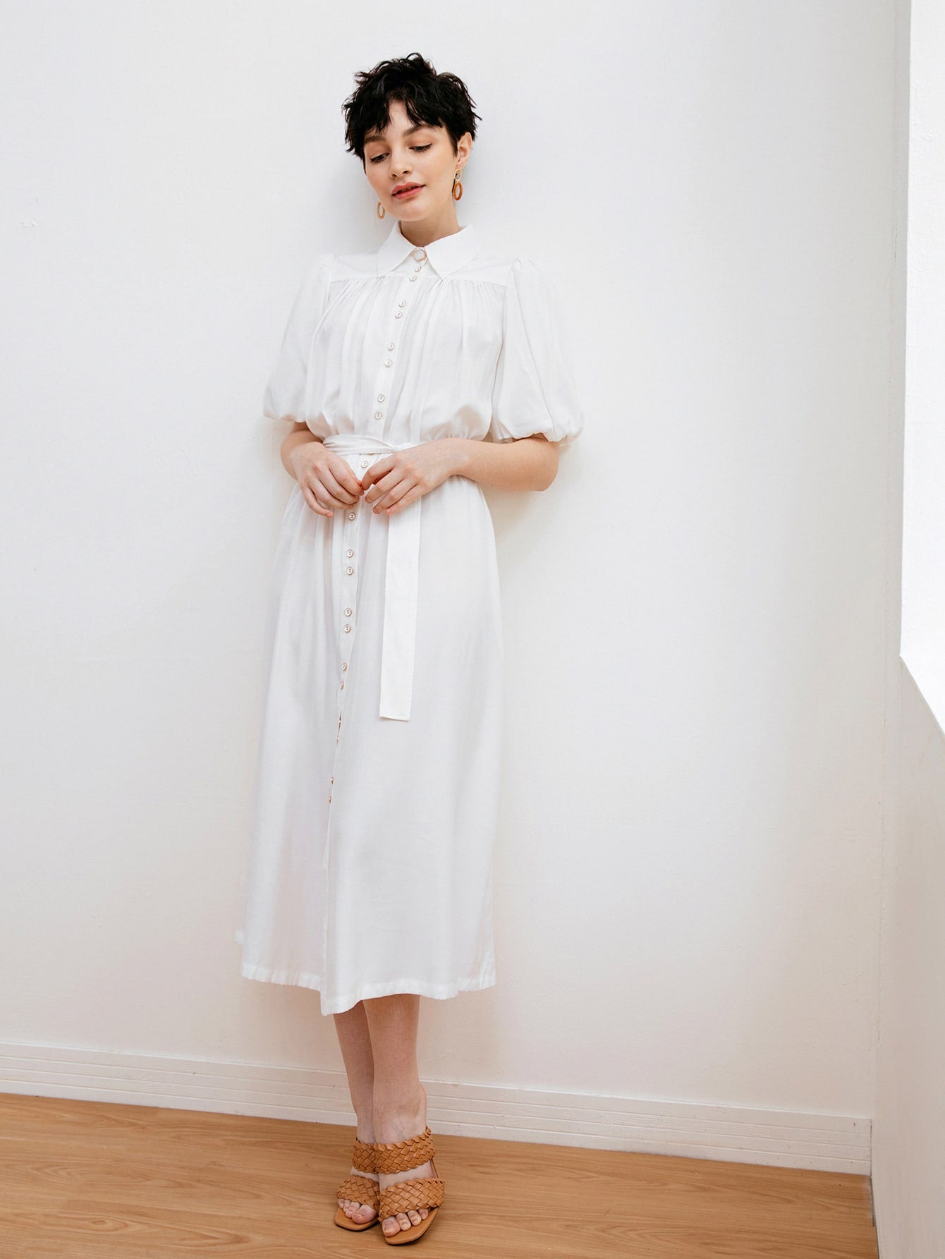 Puff Sleeve Single Breasted Front Buckle Belted Dress