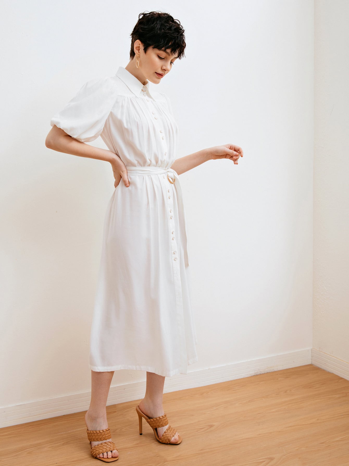 Puff Sleeve Single Breasted Front Buckle Belted Dress