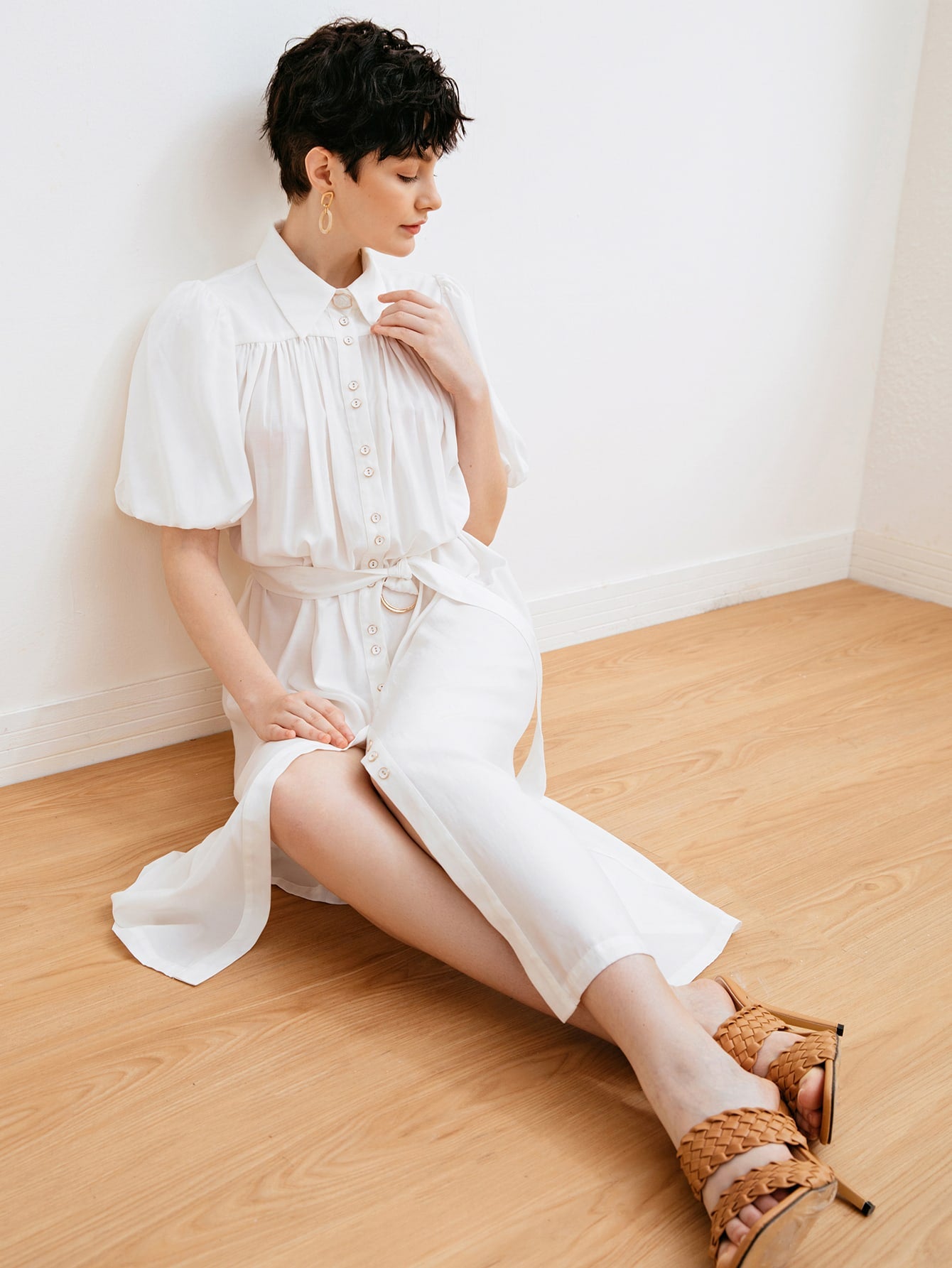 Puff Sleeve Single Breasted Front Buckle Belted Dress