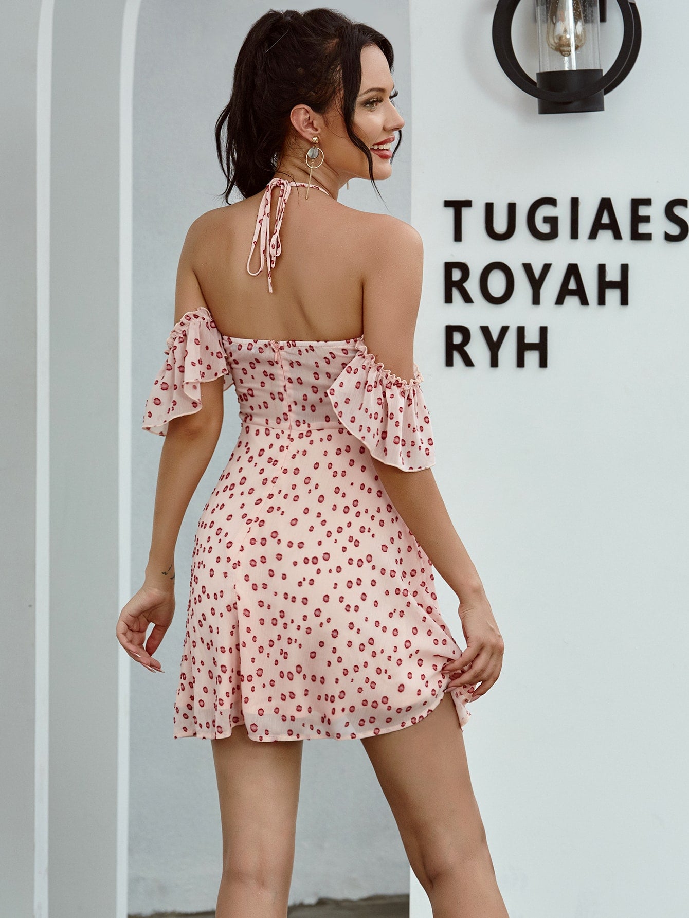 Ruched Front All Over Print Halter Dress
