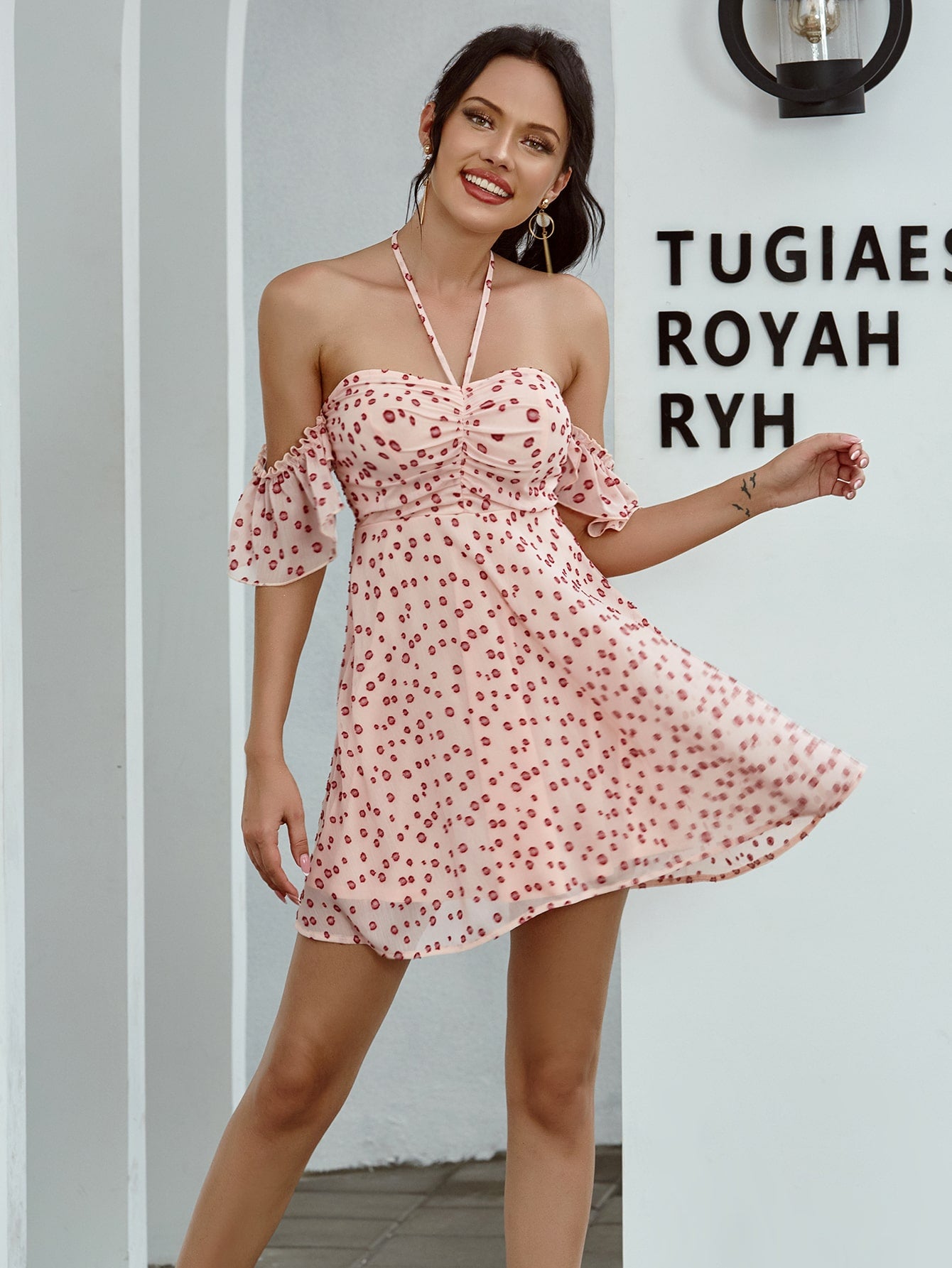 Ruched Front All Over Print Halter Dress