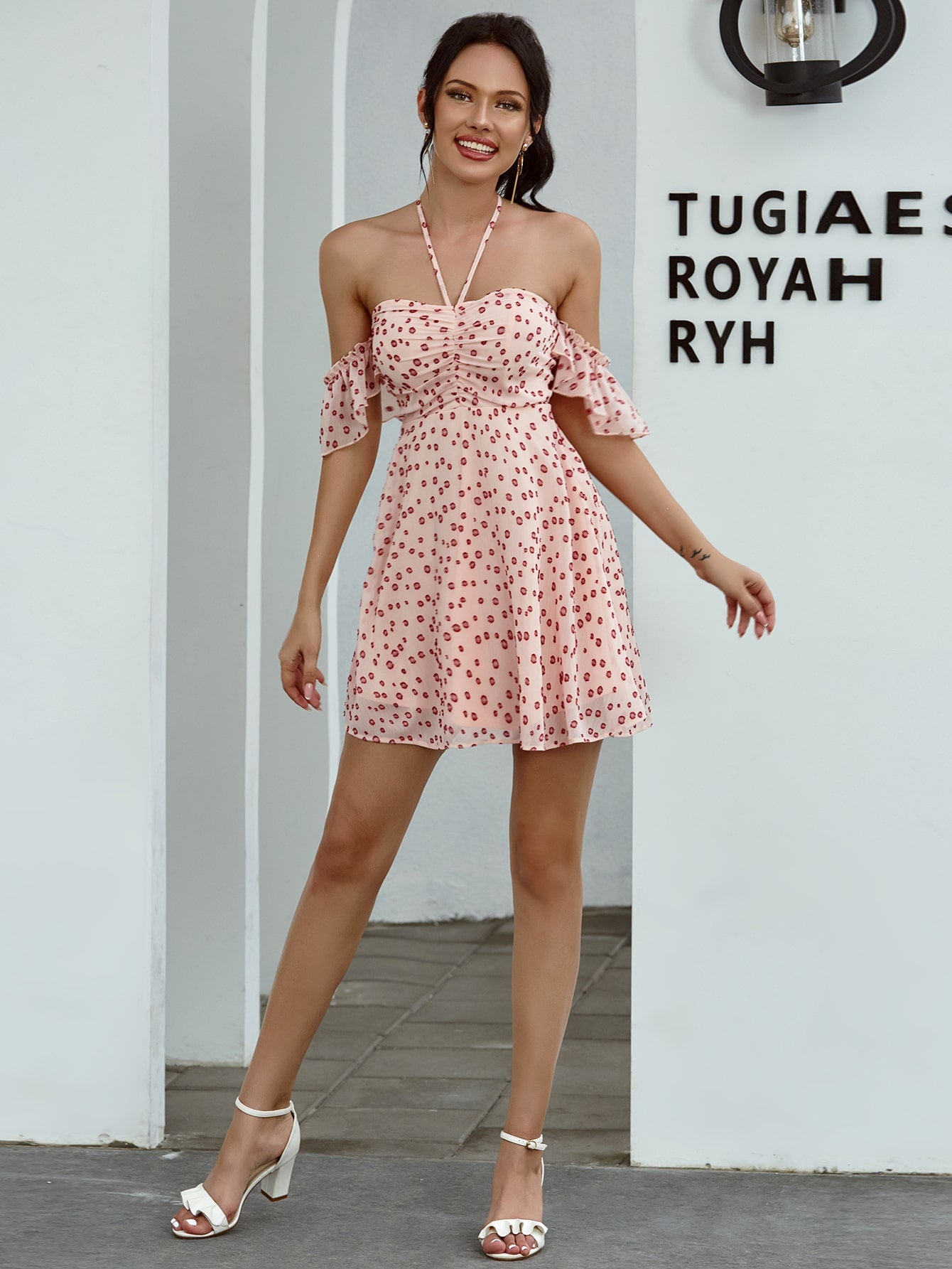 Ruched Front All Over Print Halter Dress