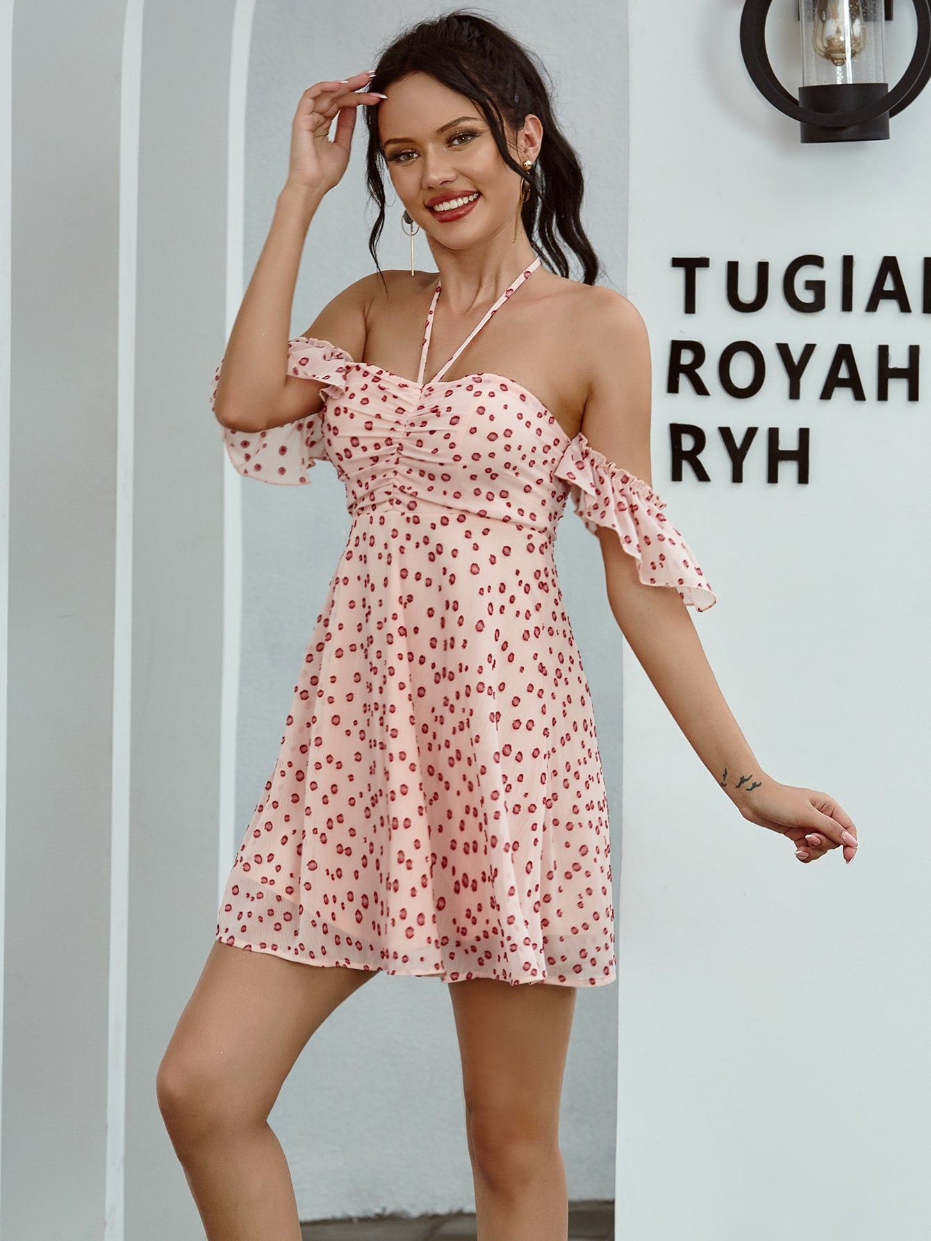 Ruched Front All Over Print Halter Dress