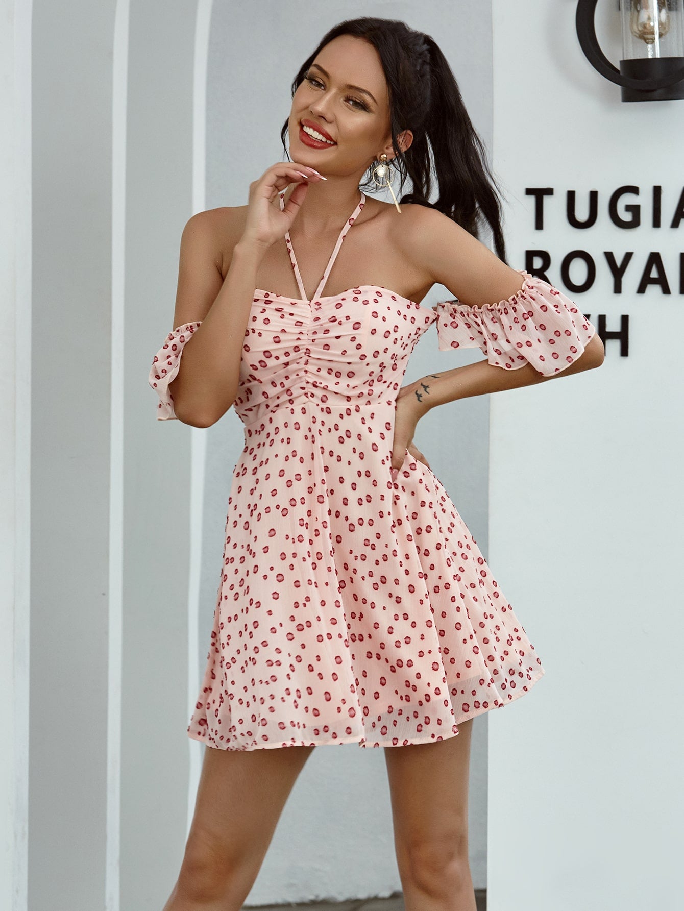 Ruched Front All Over Print Halter Dress