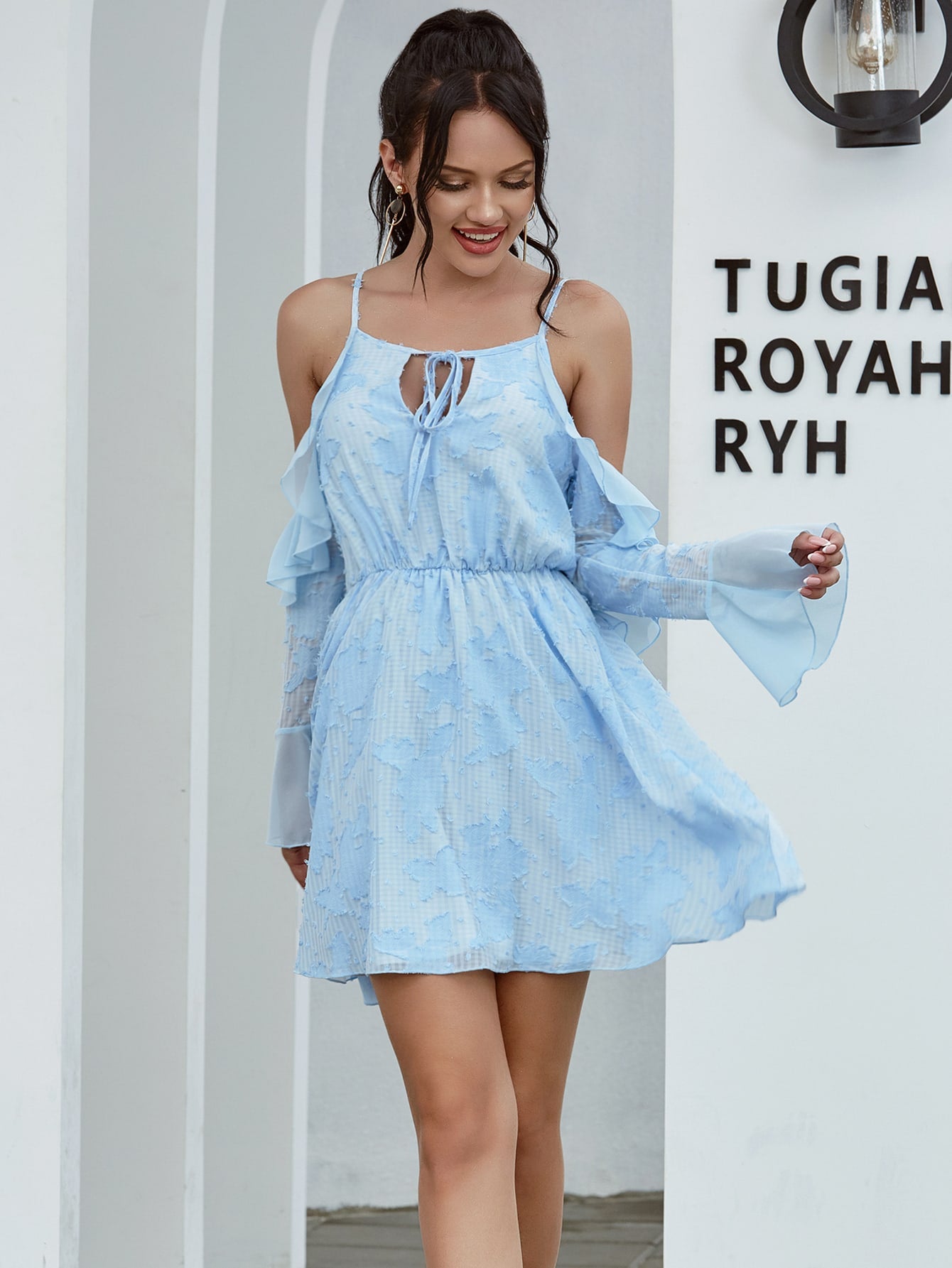 Cold Shoulder Tie Front Ruffle Trim Dress