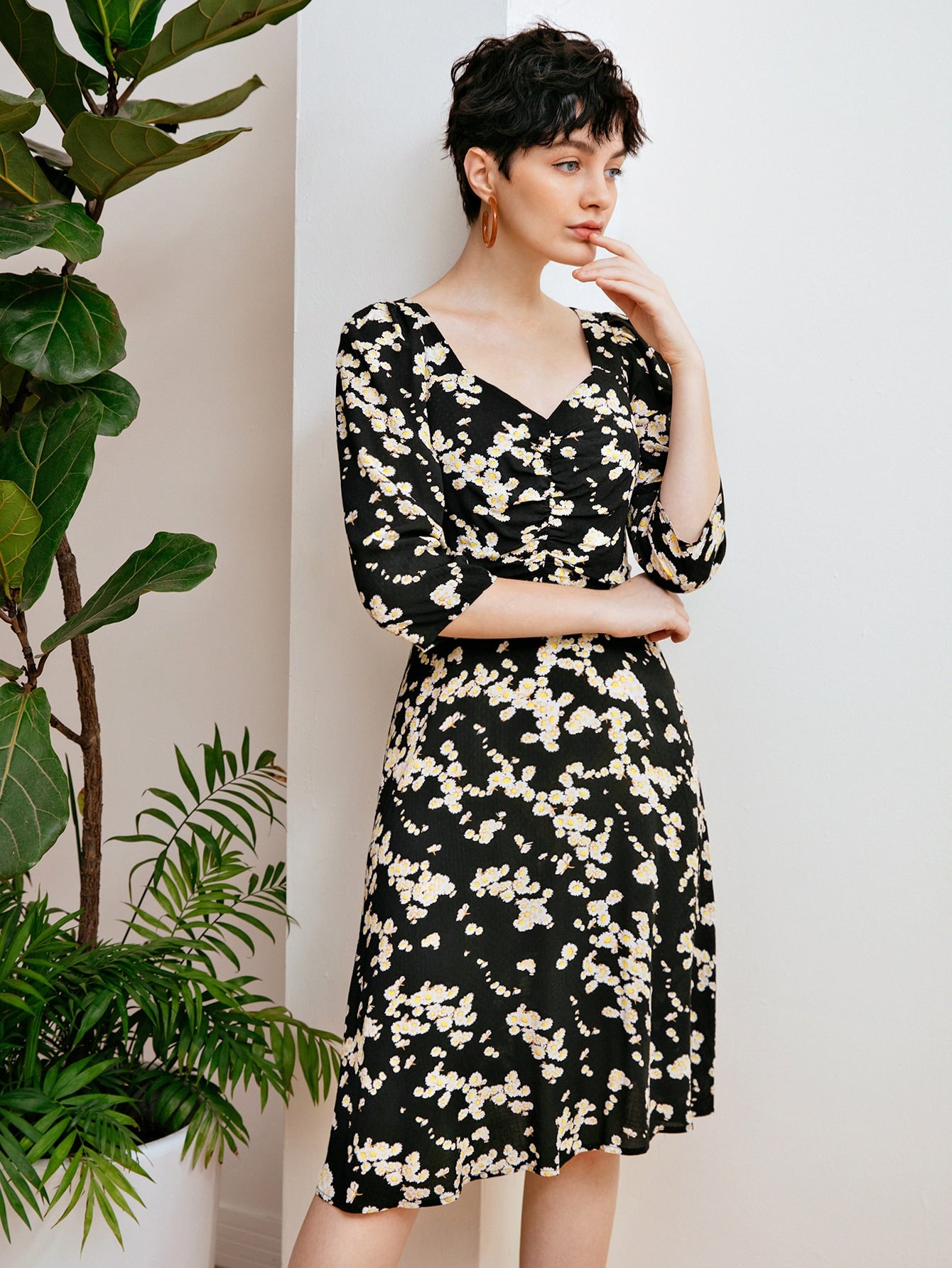 Cutout Tie Back Ruched Detail Ditsy Floral Dress