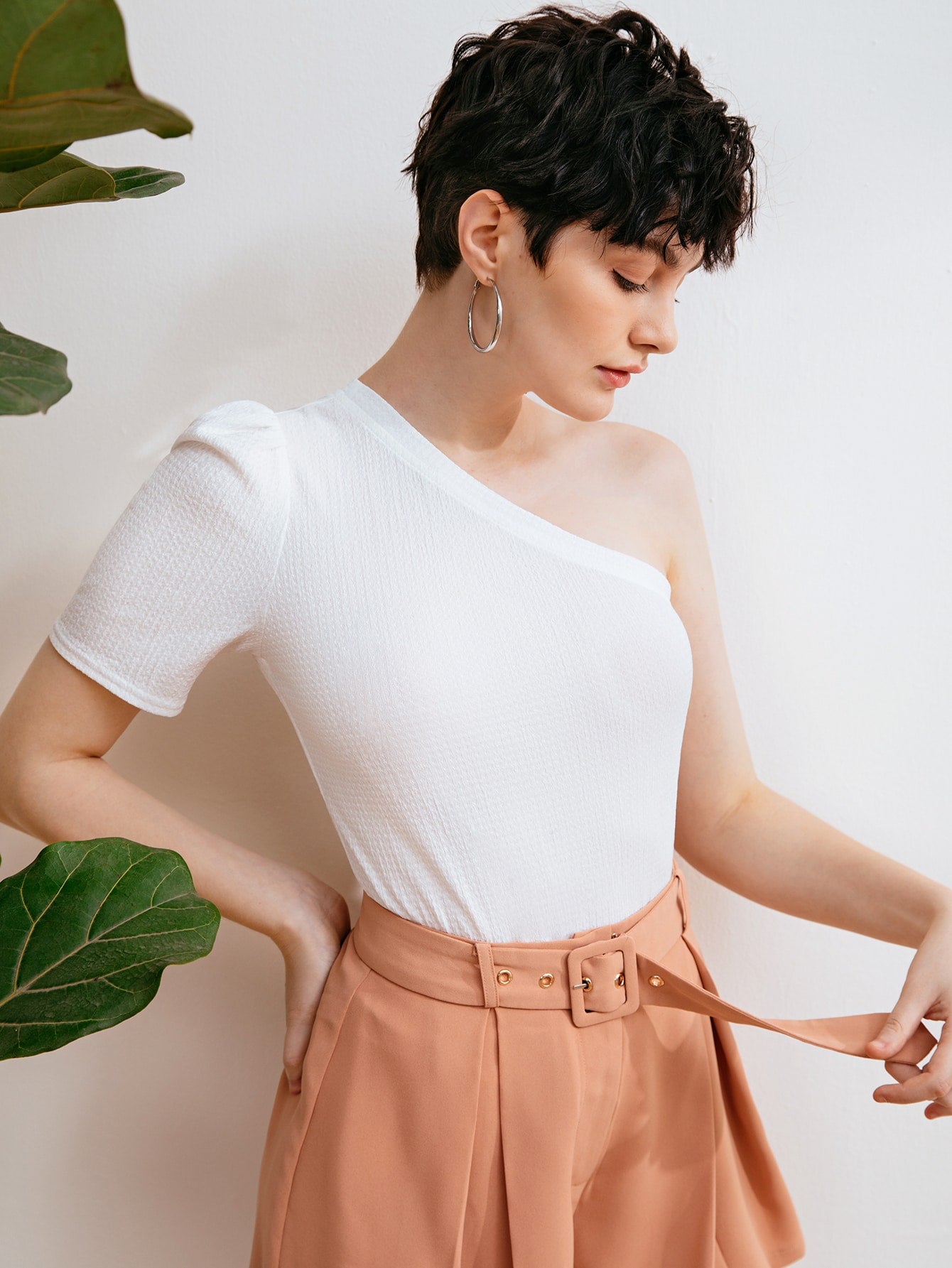 One Shoulder Solid Textured Tee