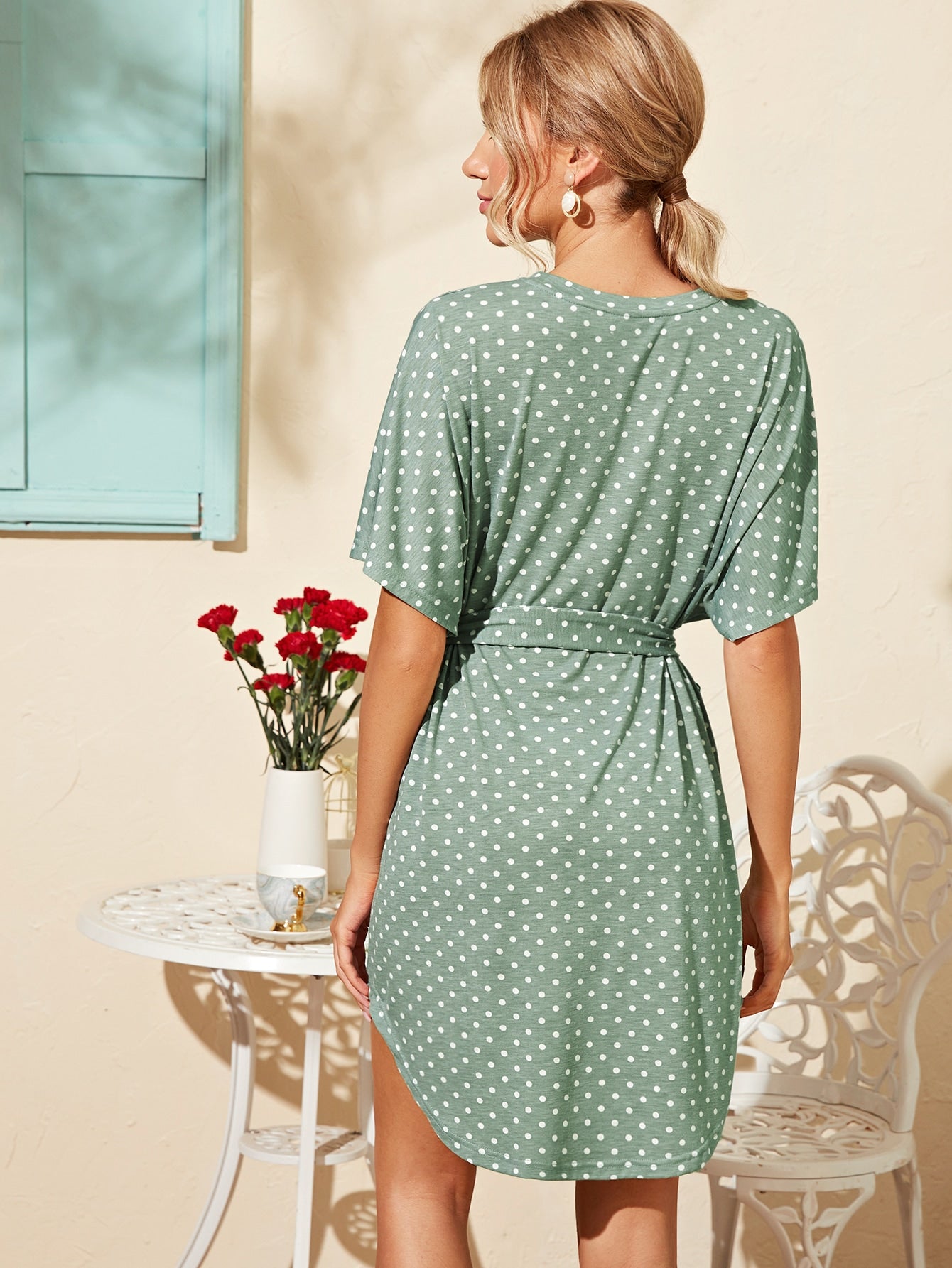 Polka Dot Curved Hem Belted Dress