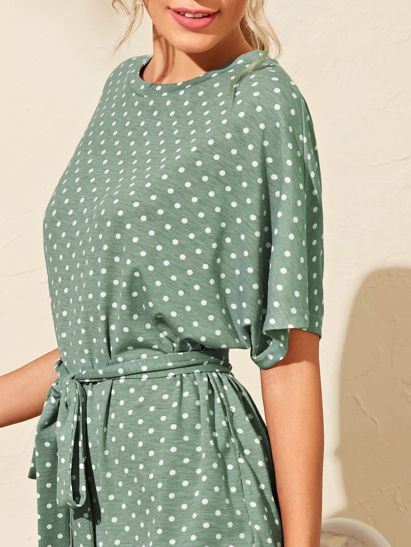 Polka Dot Curved Hem Belted Dress
