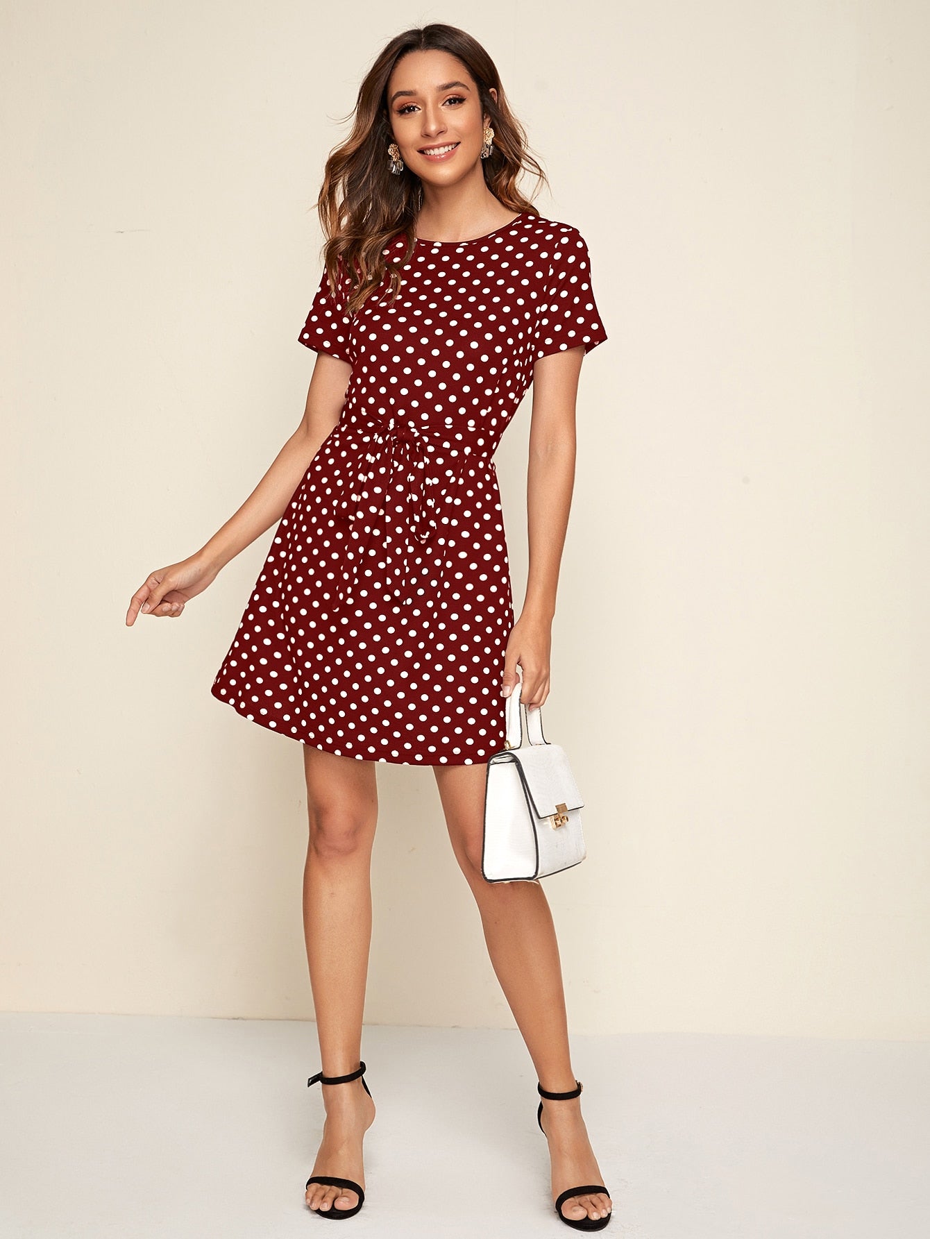Polka-dot Print Belted Dress