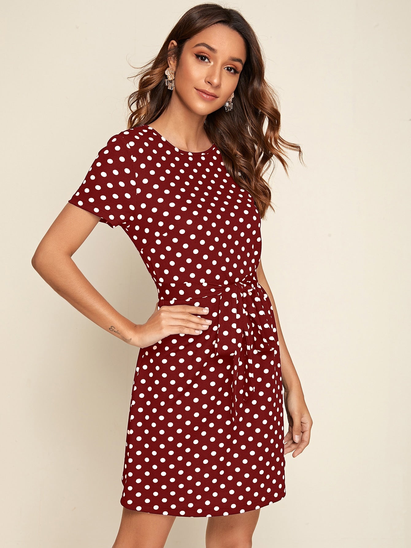 Polka-dot Print Belted Dress