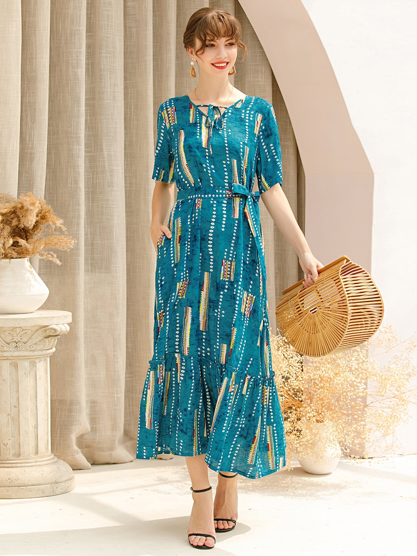 Tribal Tie Dye Belted Ruffle Hem Babydoll Dress
