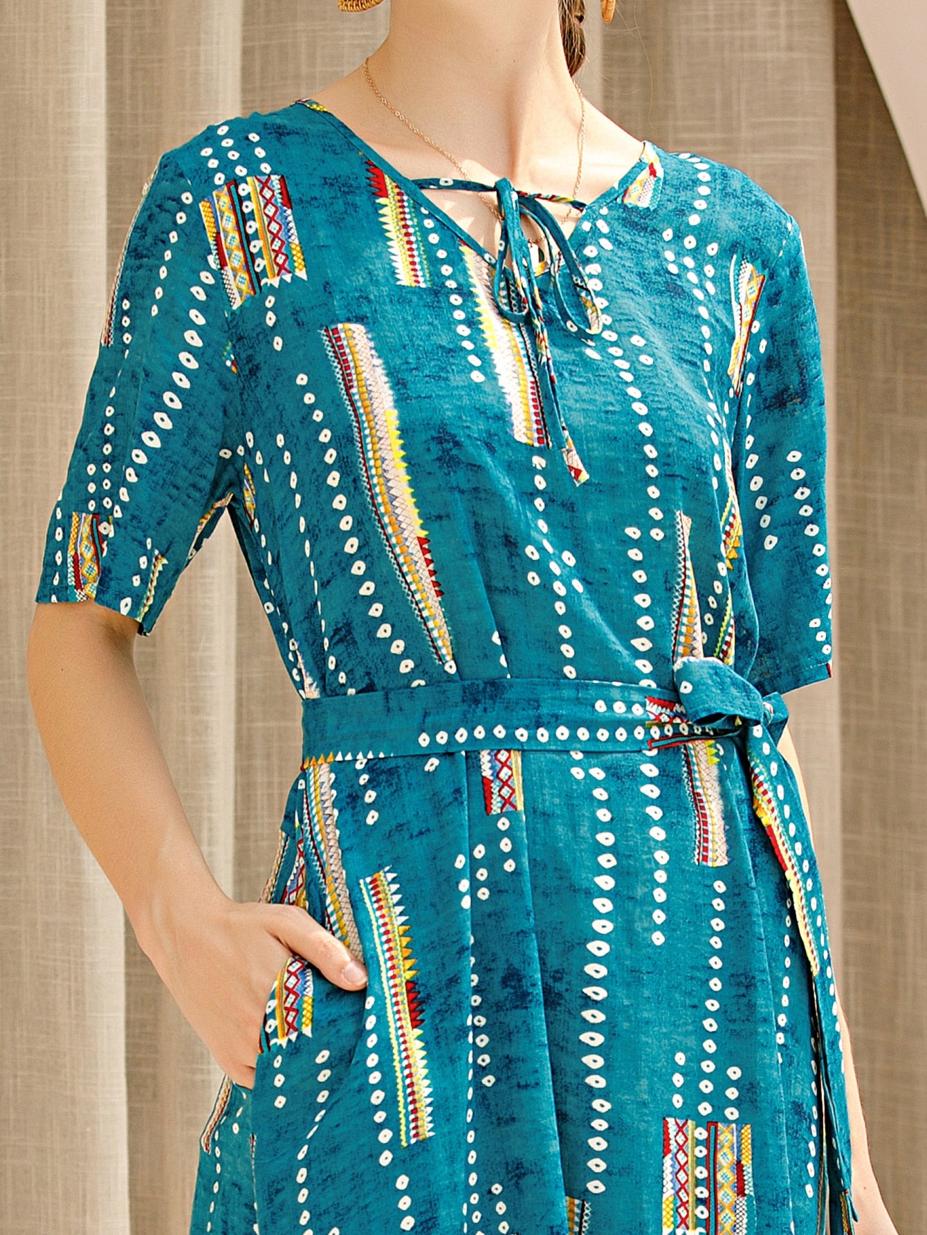 Tribal Tie Dye Belted Ruffle Hem Babydoll Dress