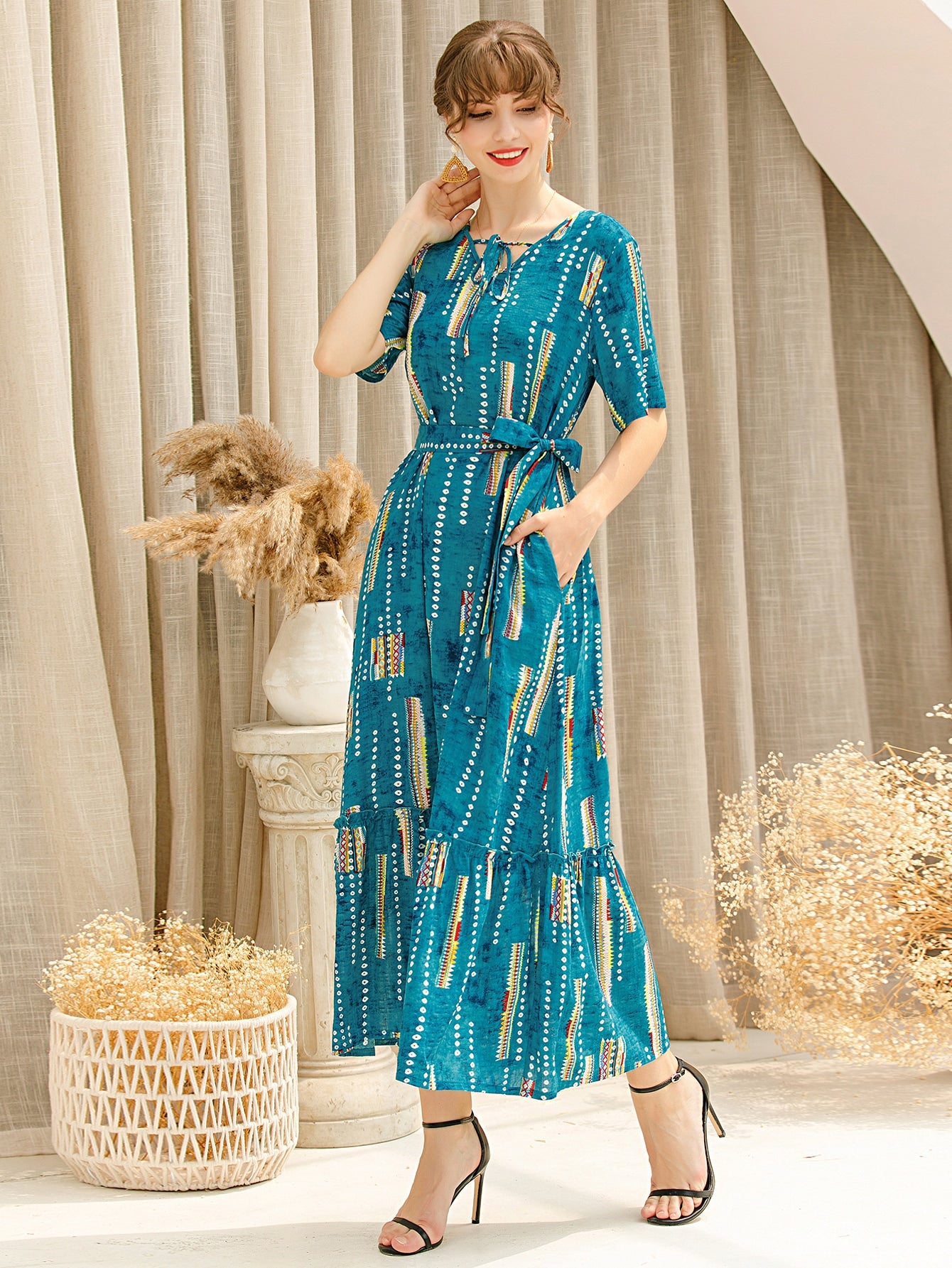 Tribal Tie Dye Belted Ruffle Hem Babydoll Dress