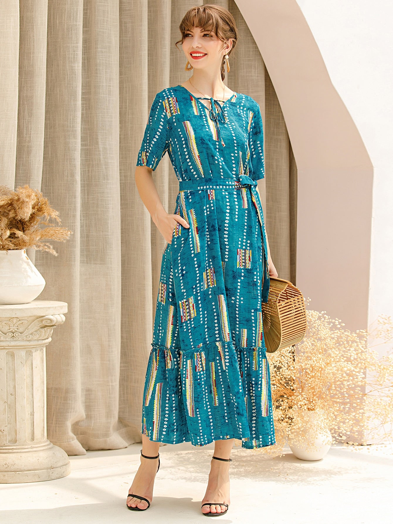 Tribal Tie Dye Belted Ruffle Hem Babydoll Dress