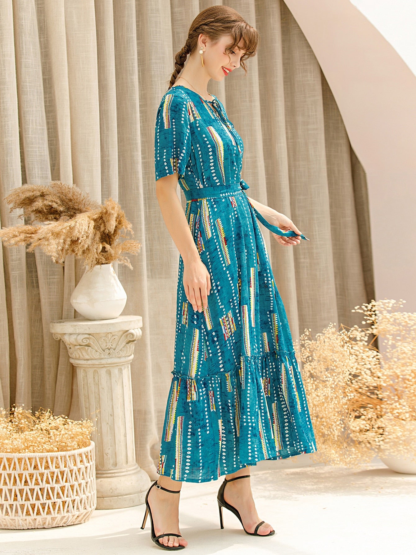 Tribal Tie Dye Belted Ruffle Hem Babydoll Dress