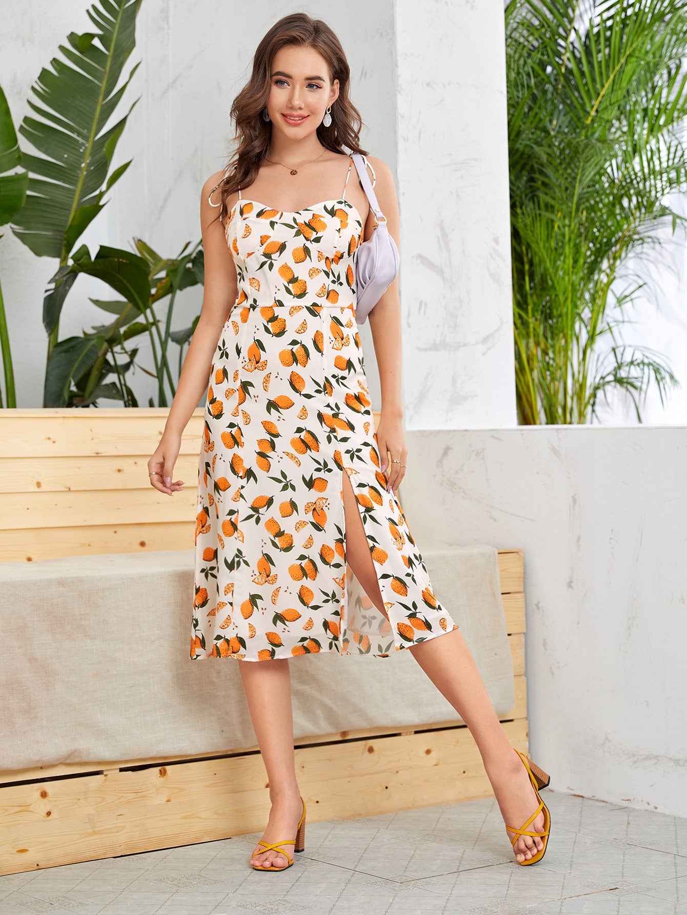 Allover Lemon Print Slit Hem Cami Dress