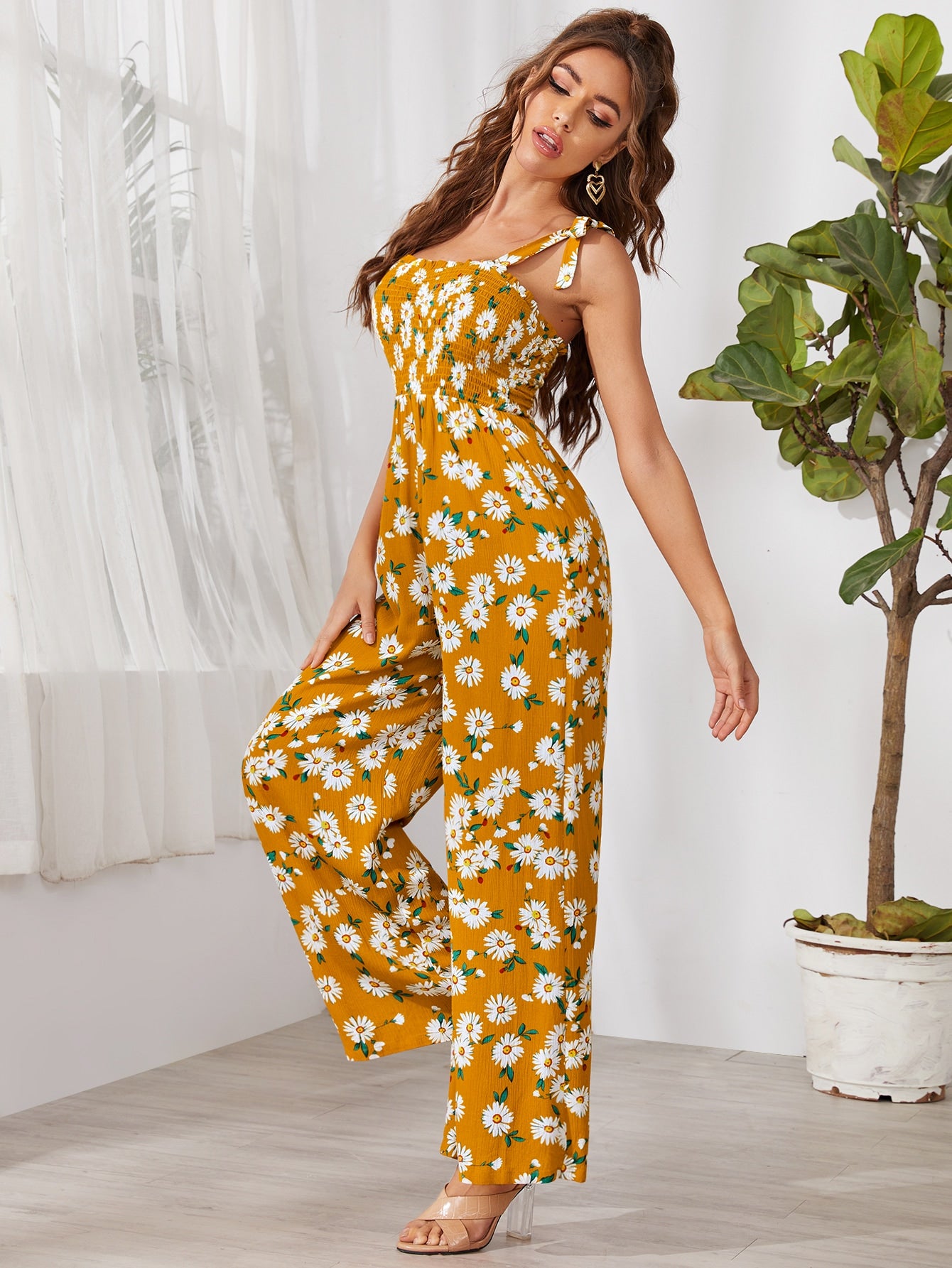 Knot Shoulder Shirred Bodice Daisy Floral Palazzo Jumpsuit