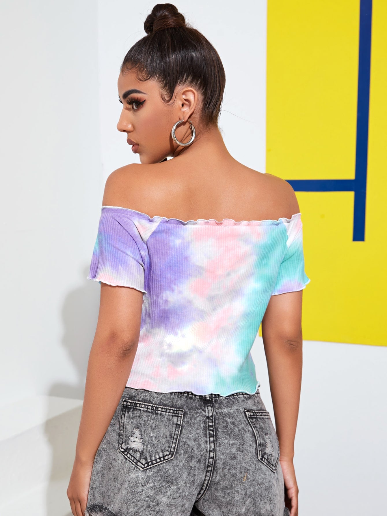 Lettuce Trim Tie Dye Button Front Bardot Tee