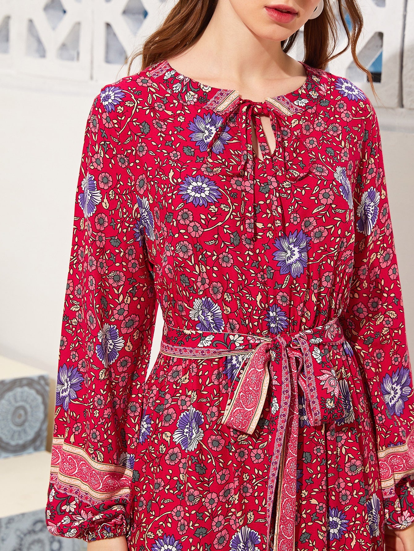 Floral & Tribal Print Tie Neck Belted Dress