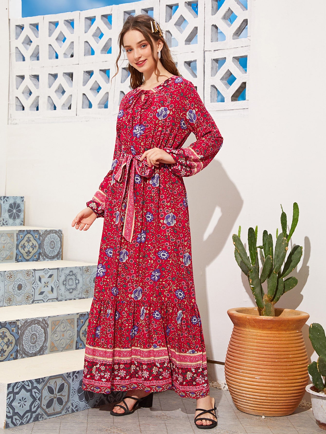 Floral & Tribal Print Tie Neck Belted Dress