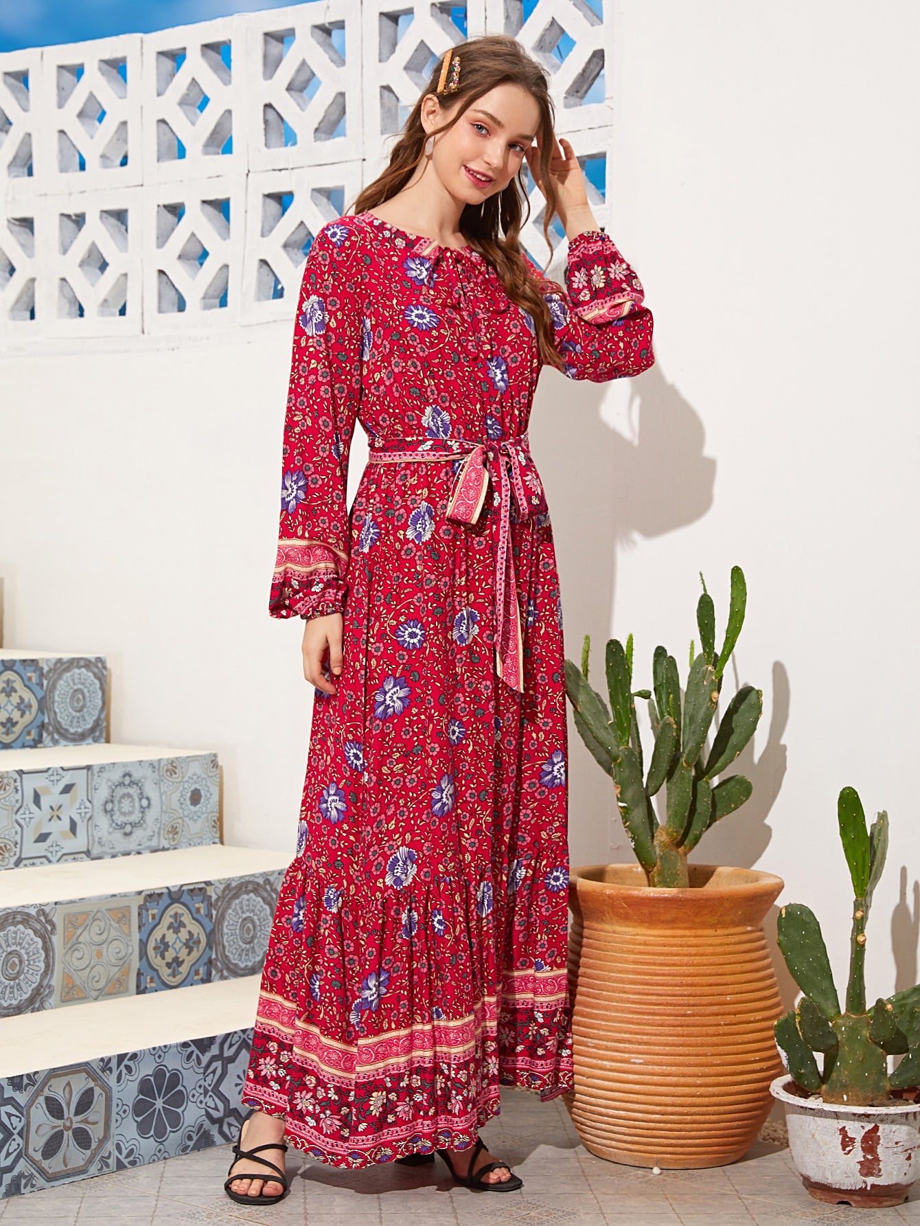Floral & Tribal Print Tie Neck Belted Dress
