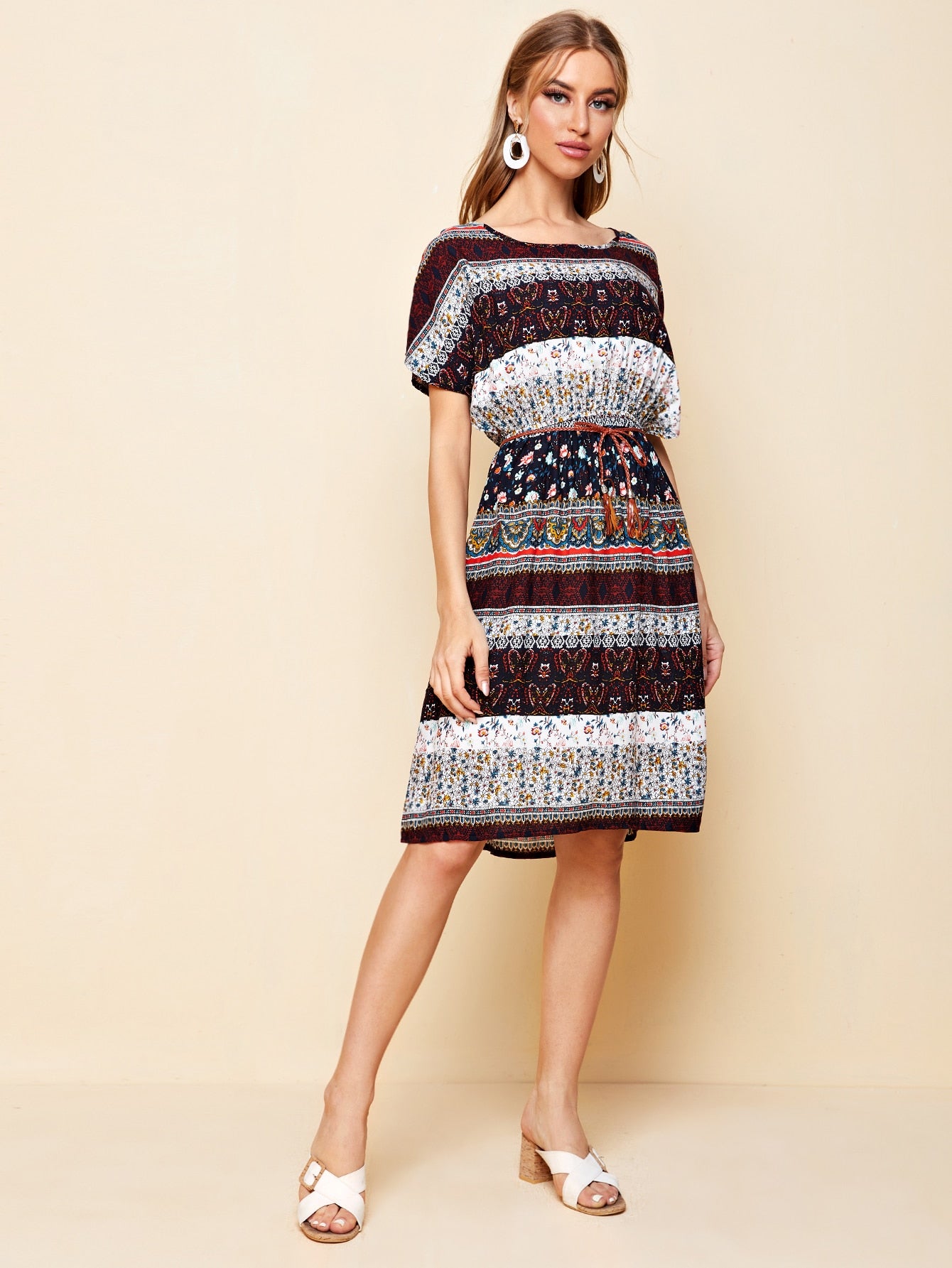 Tribal Print Batwing Sleeve Belted A-line Dress