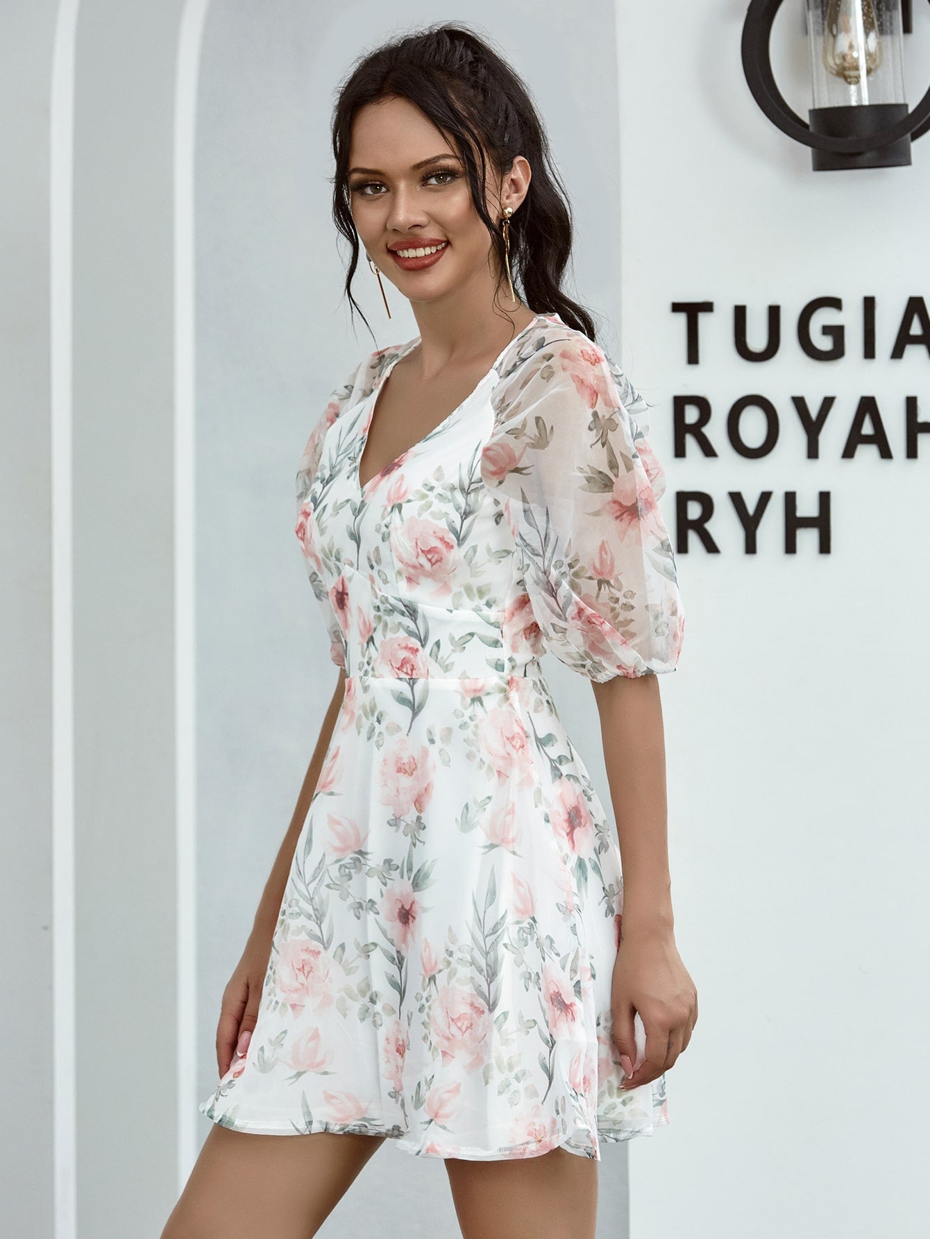 Sheer Raglan Sleeve Floral Skater Dress