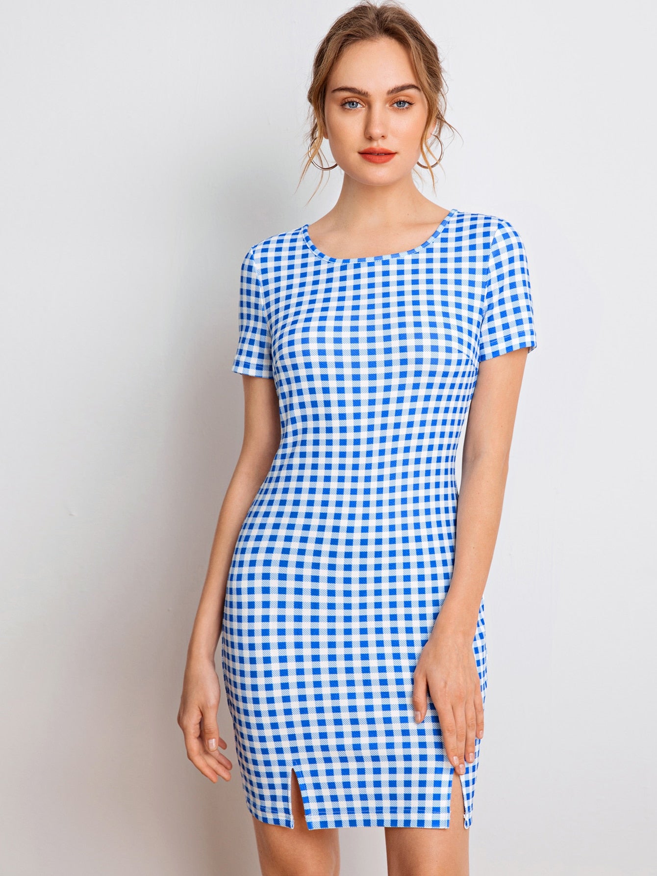 Slit Hem Gingham Dress
