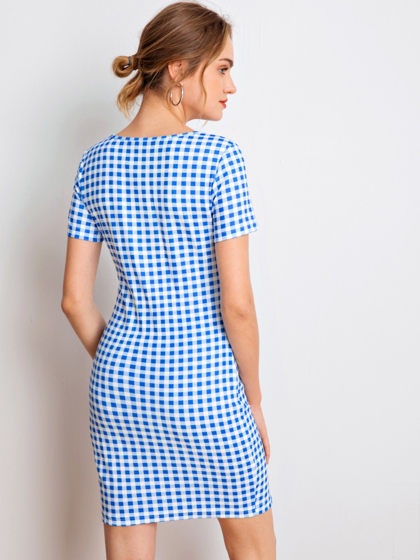 Slit Hem Gingham Dress