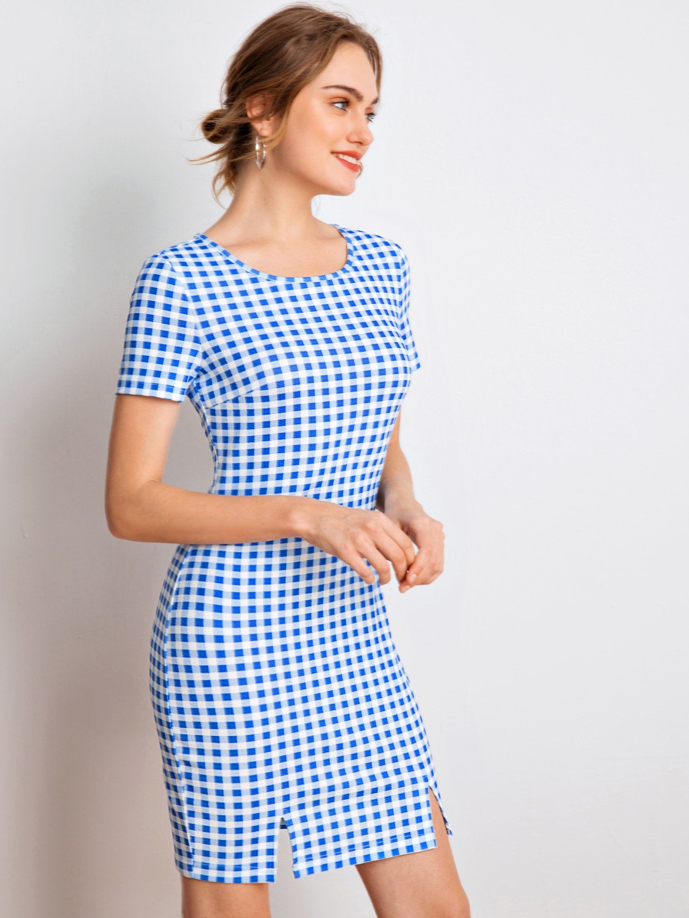 Slit Hem Gingham Dress