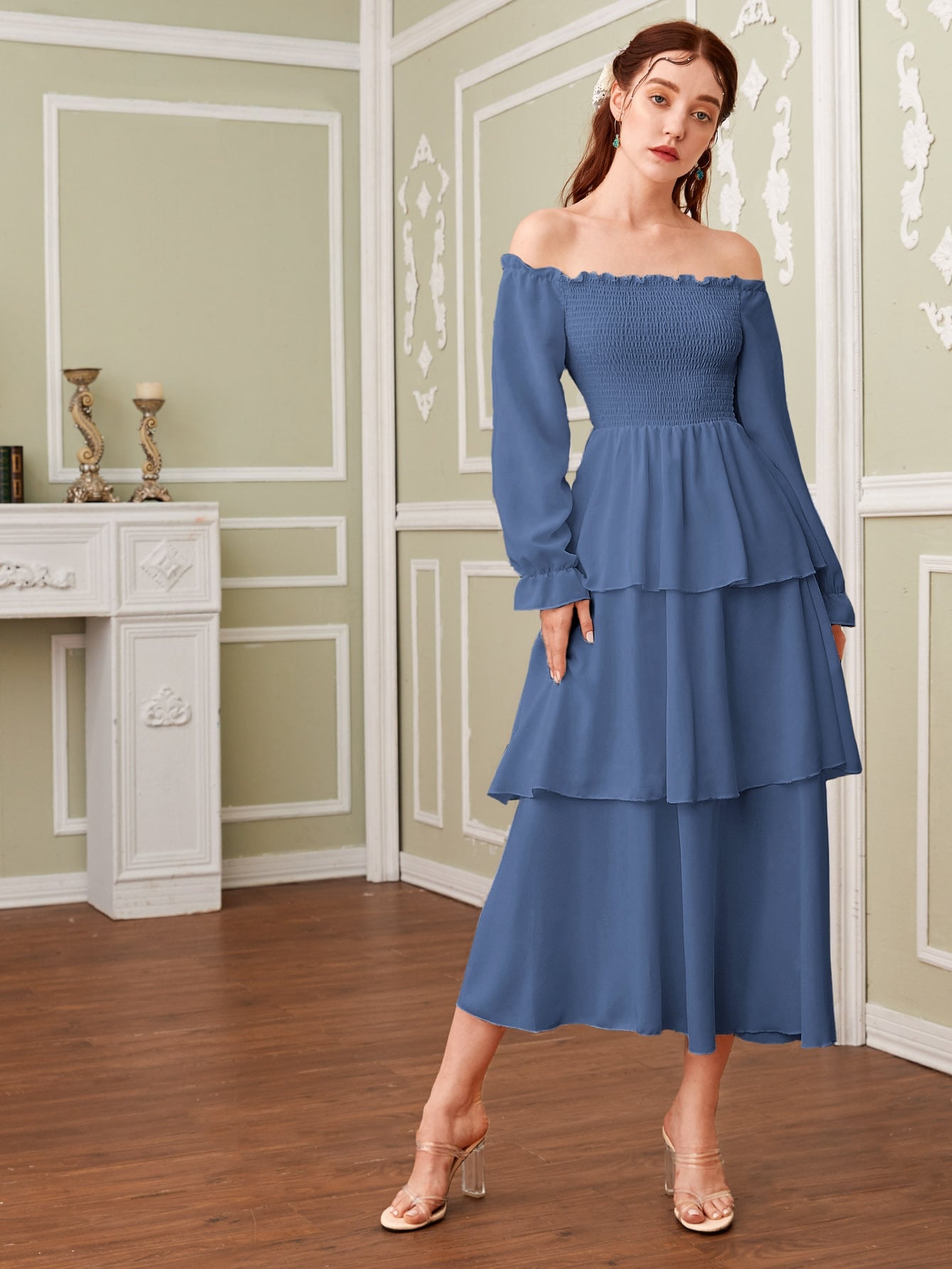Off Shoulder Shirred Layered Ruffle Dress