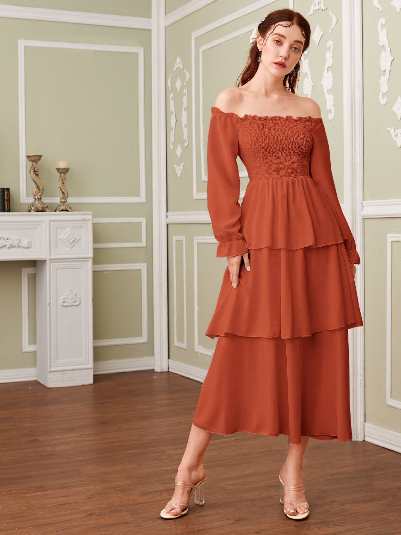 Off Shoulder Shirred Layered Ruffle Dress