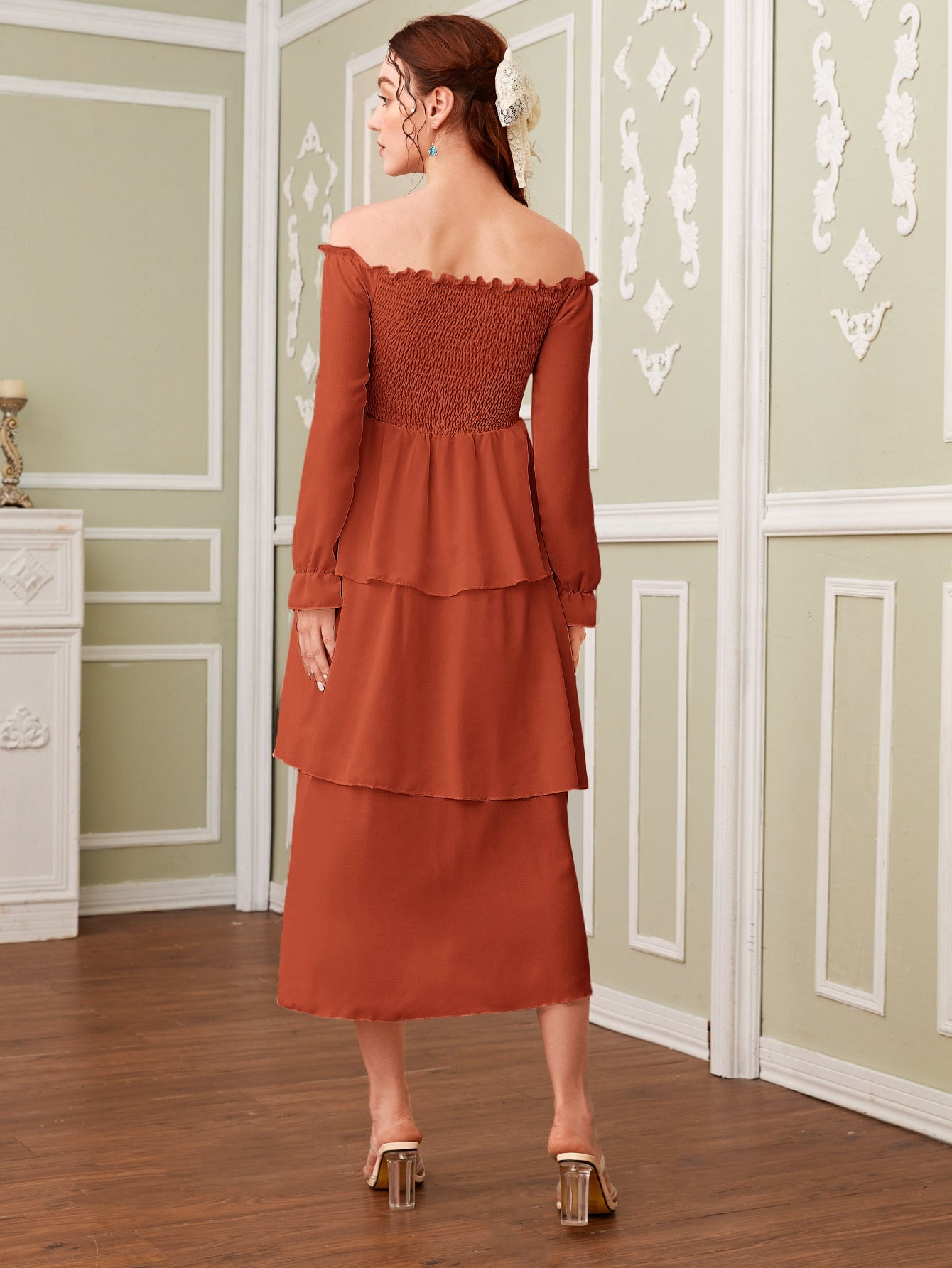 Off Shoulder Shirred Layered Ruffle Dress