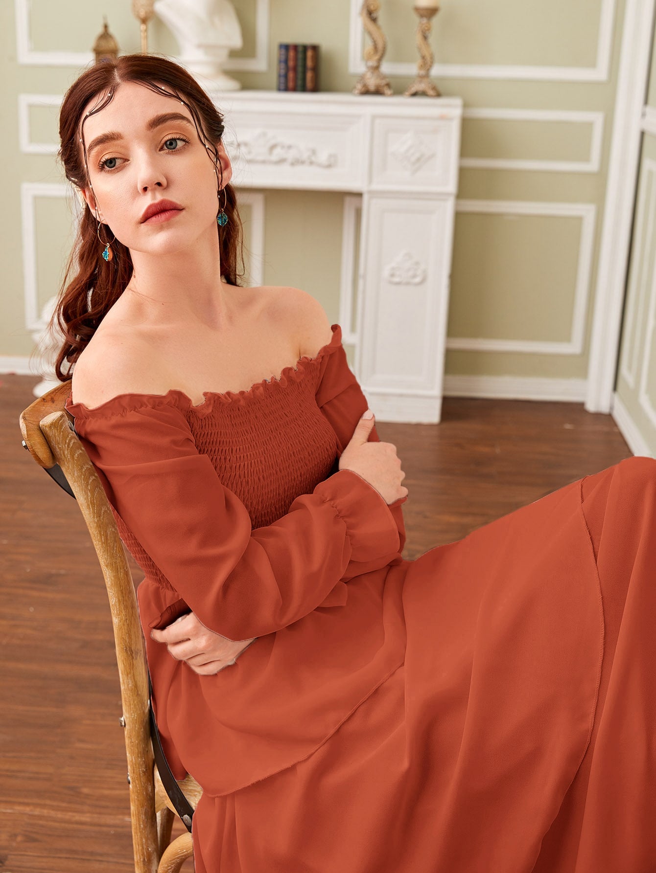 Off Shoulder Shirred Layered Ruffle Dress