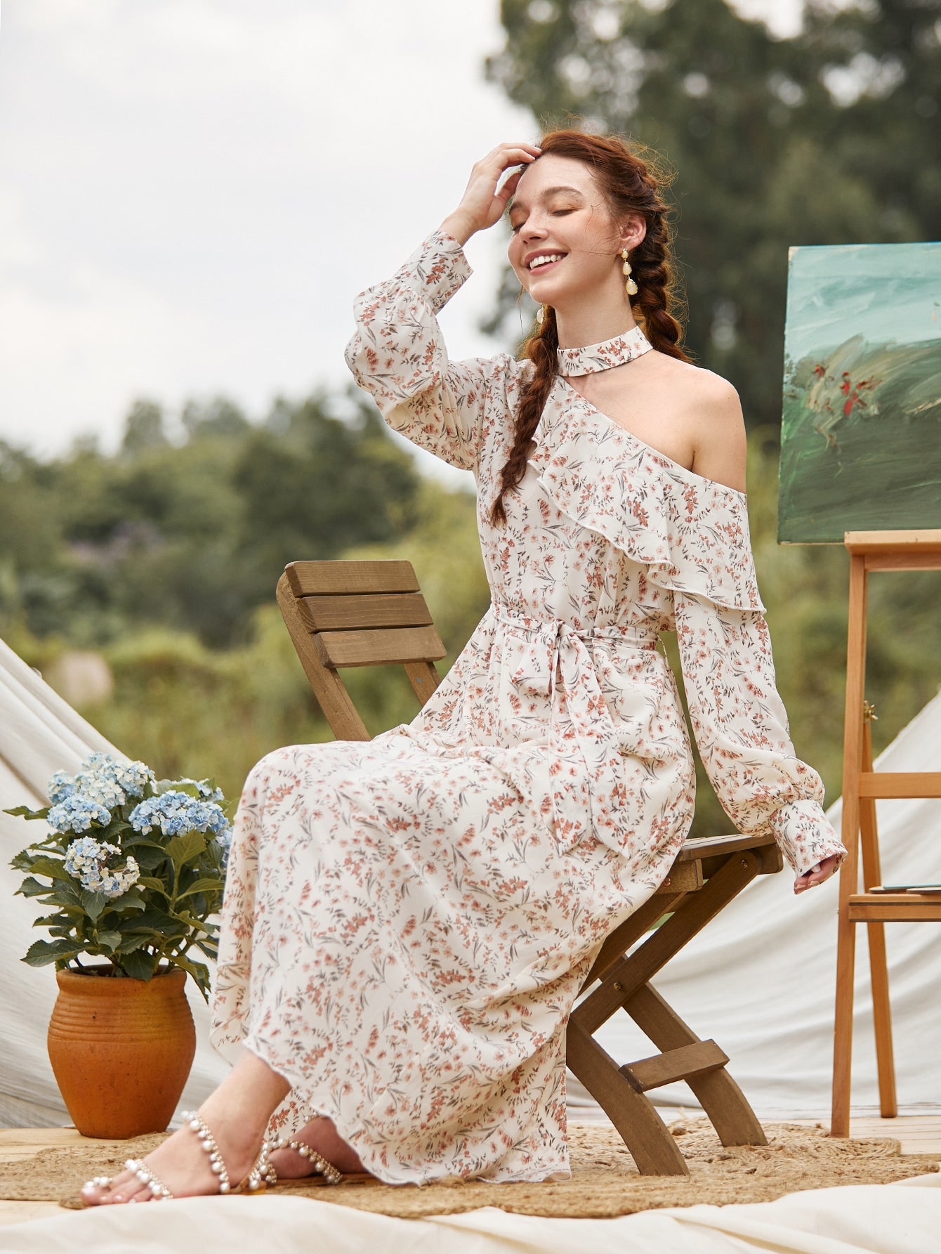 Asymmetrical Neck Ruffle Trim Ditsy Floral Dress With Belt