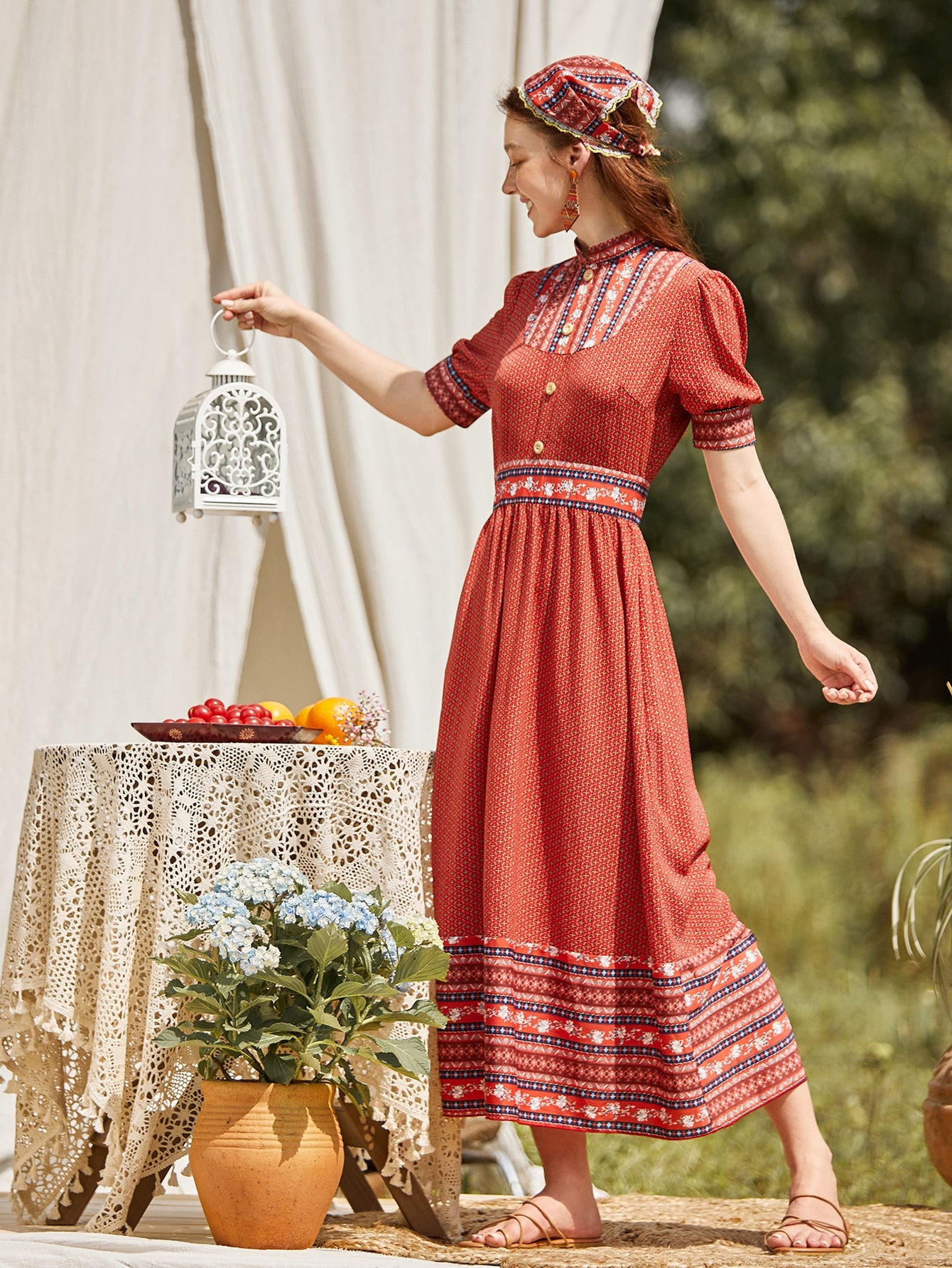 Tribal Print Puff Sleeve A-line Dress