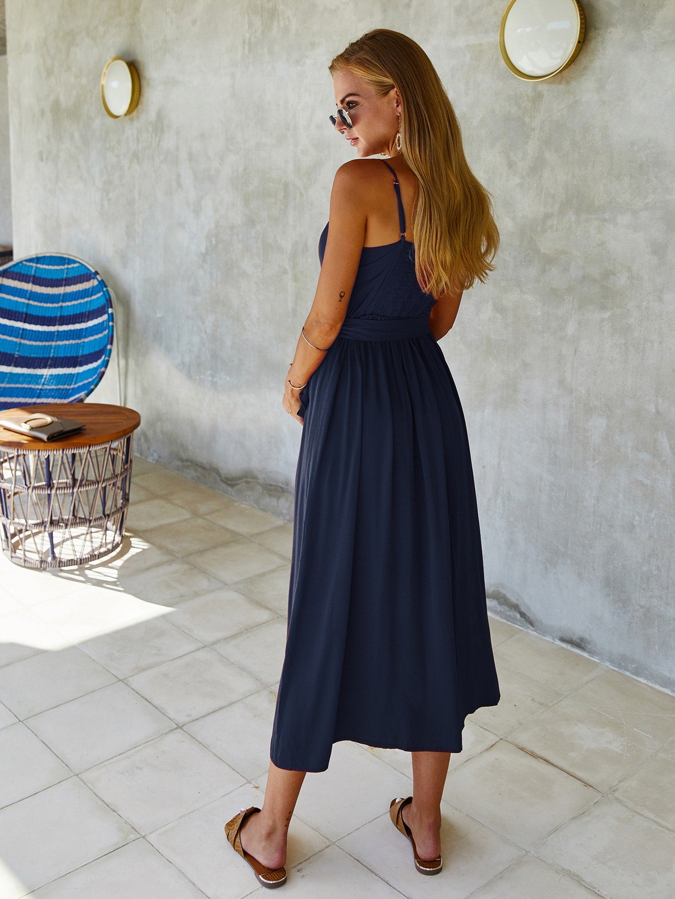 Dual Pocket Button Front Self Tie Cami Dress