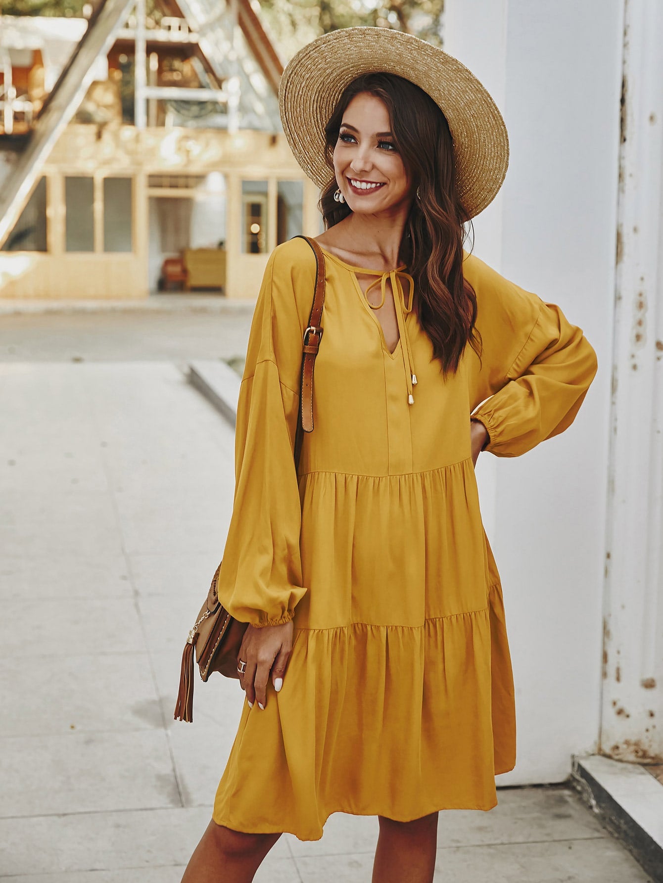 Tie Neck Ruffle Hem Smock Dress