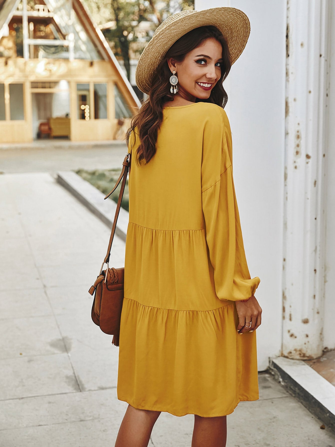 Tie Neck Ruffle Hem Smock Dress
