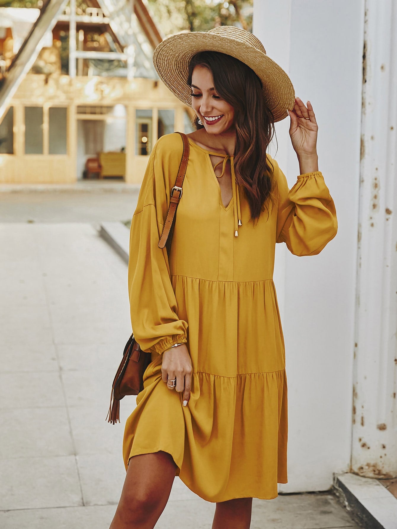 Tie Neck Ruffle Hem Smock Dress