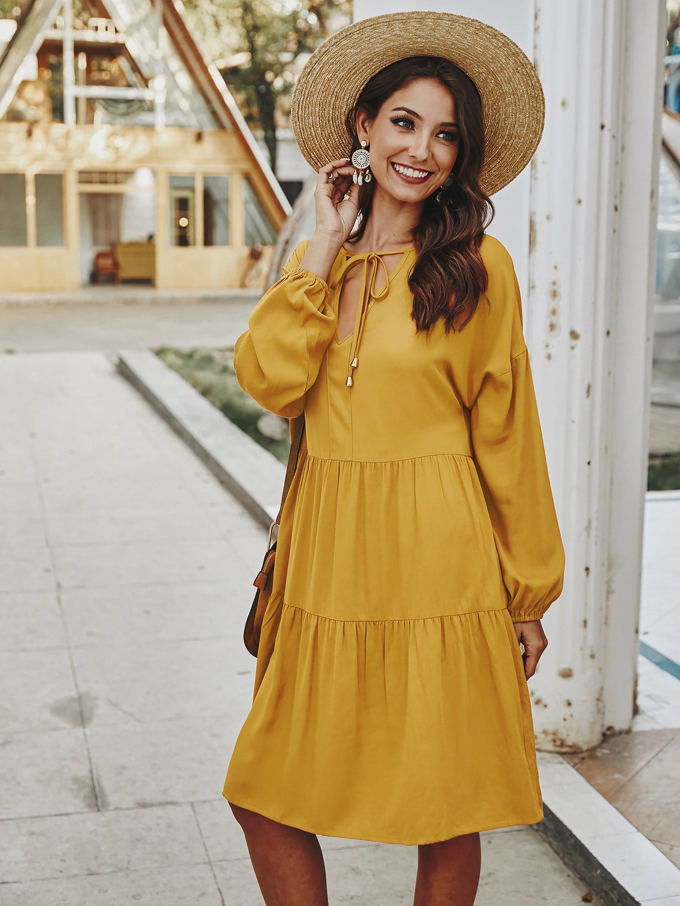 Tie Neck Ruffle Hem Smock Dress