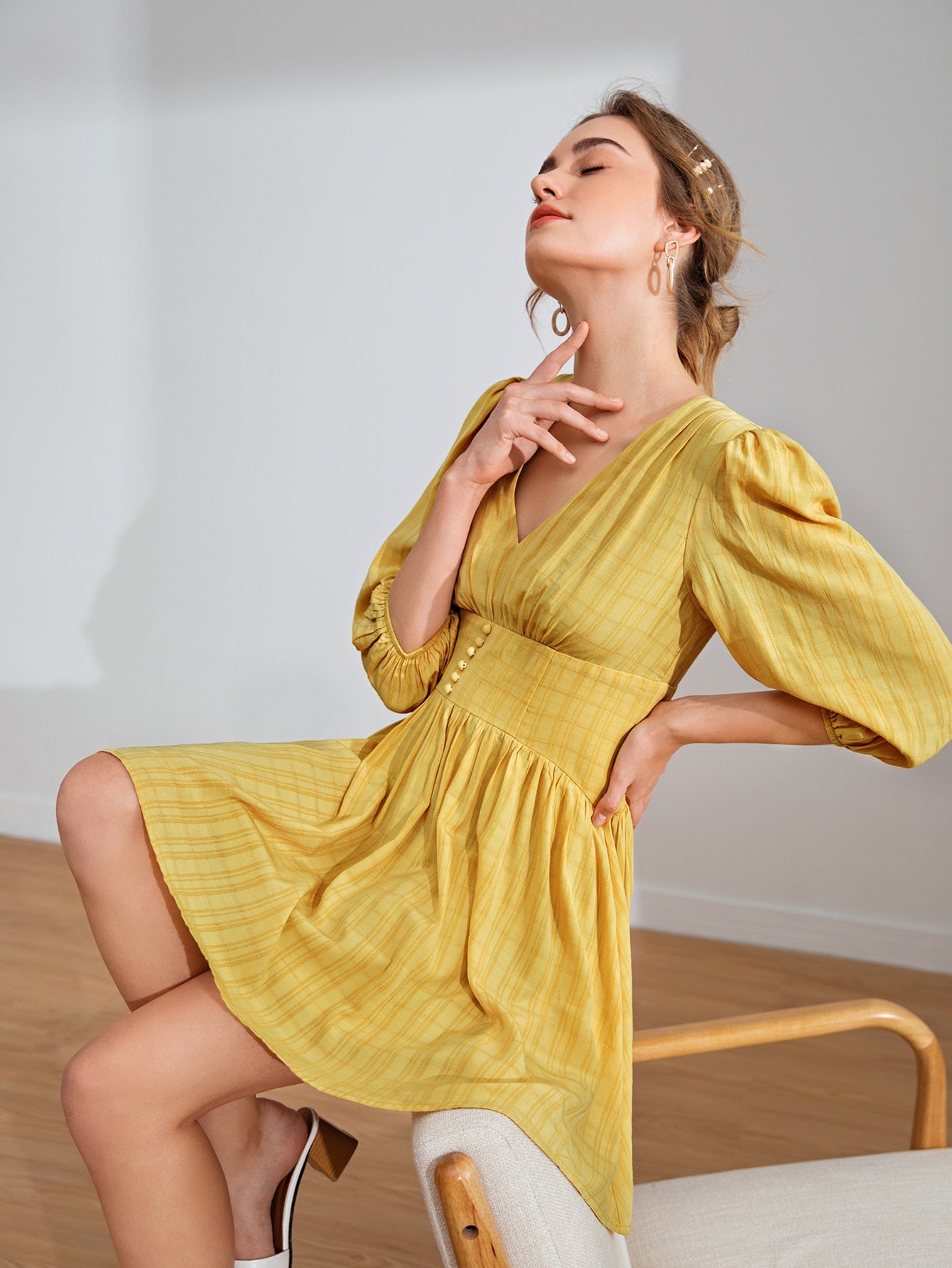V Neck Button Front Bishop Sleeve Dress