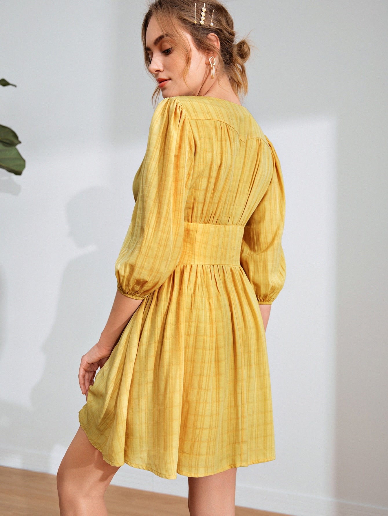 V Neck Button Front Bishop Sleeve Dress