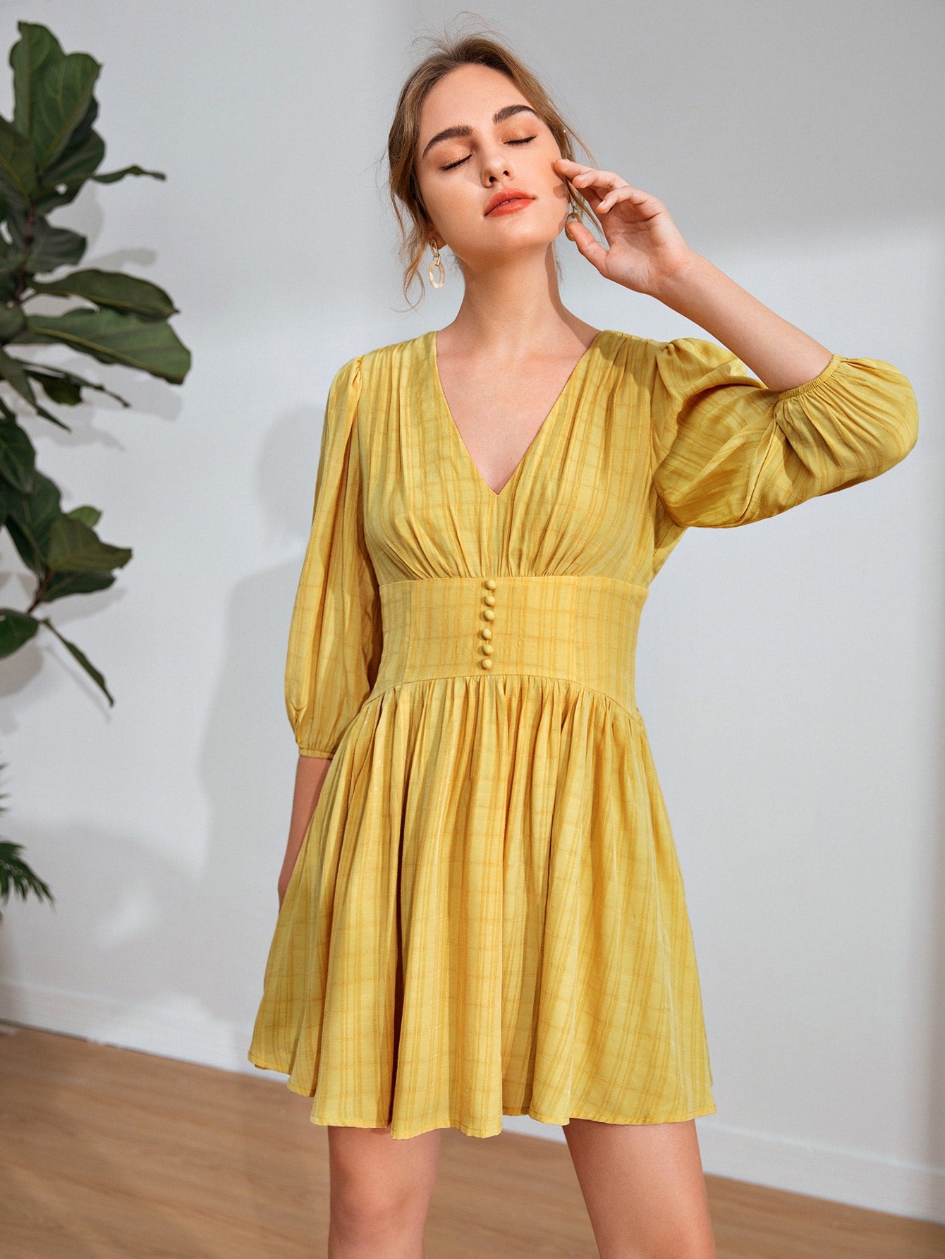 V Neck Button Front Bishop Sleeve Dress