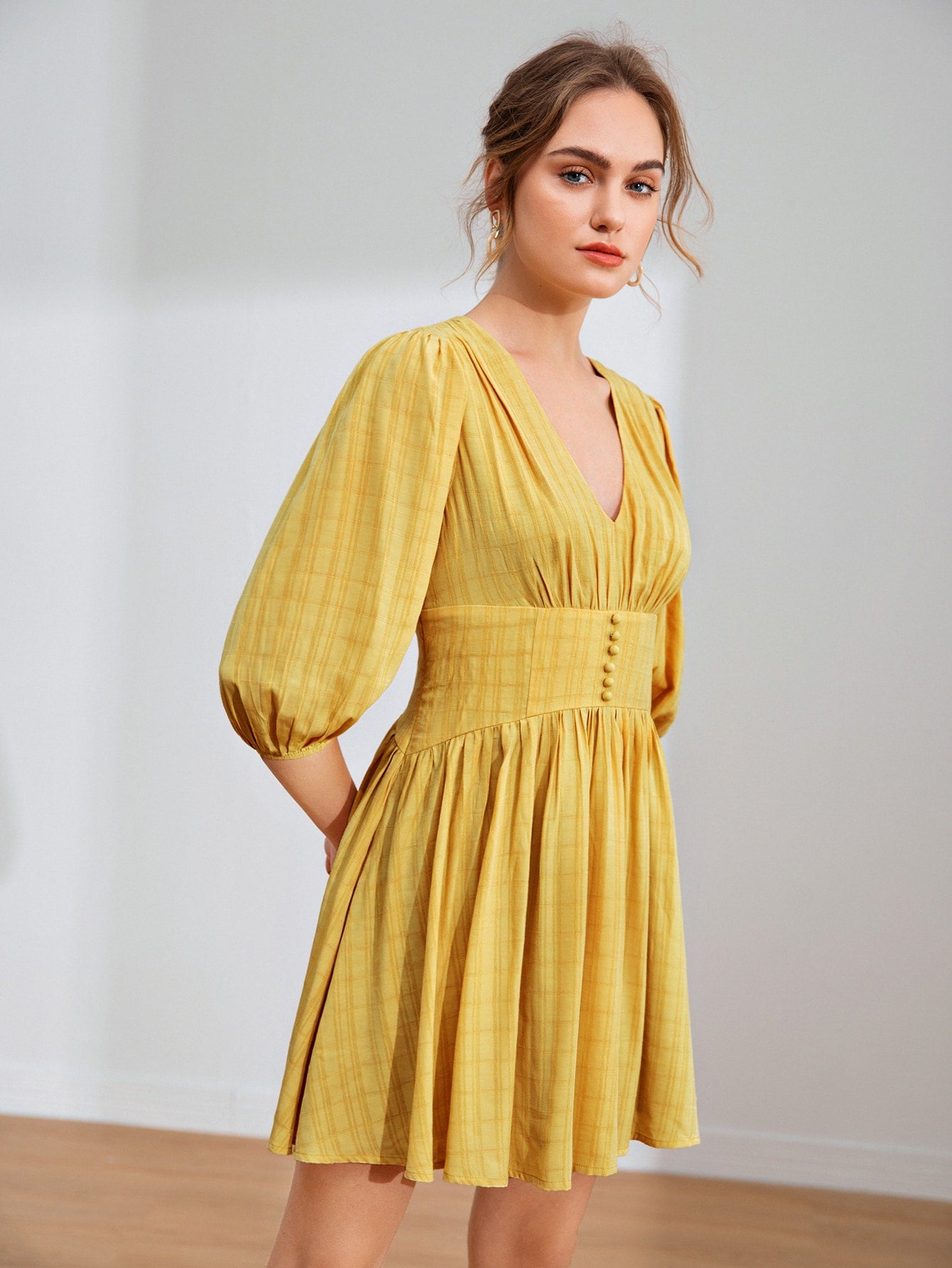 V Neck Button Front Bishop Sleeve Dress