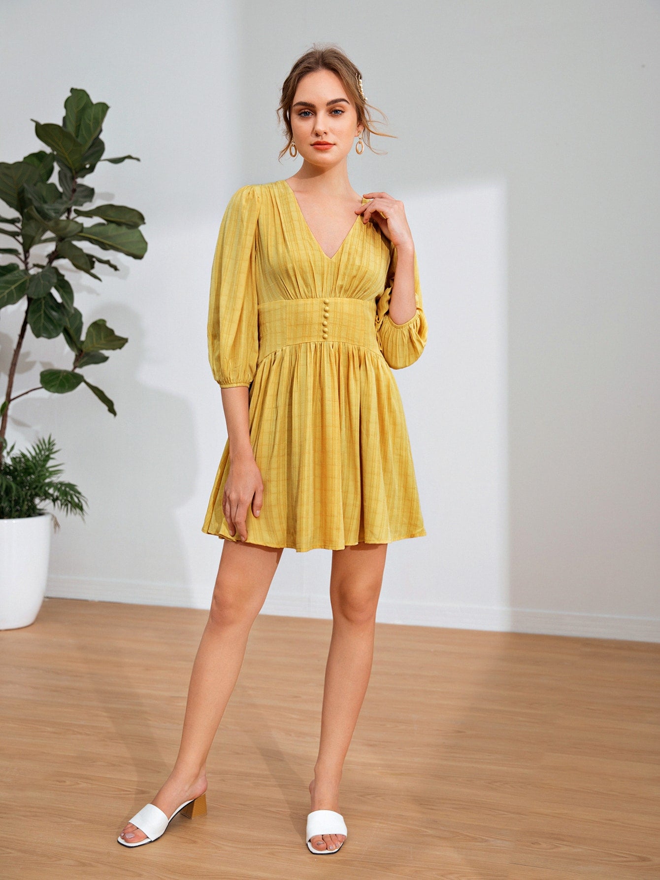 V Neck Button Front Bishop Sleeve Dress