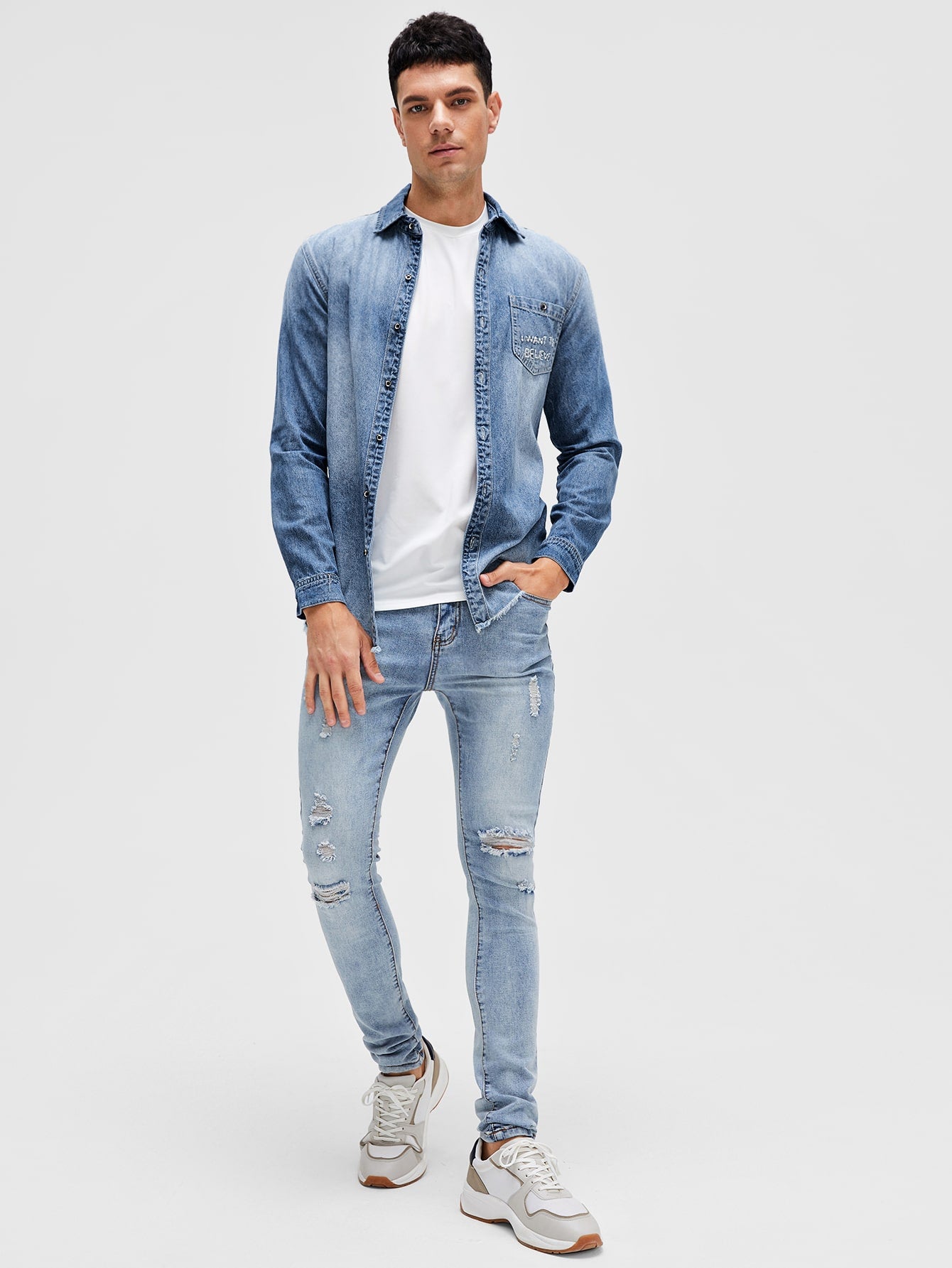 Men Letter Graphic Denim Shirt